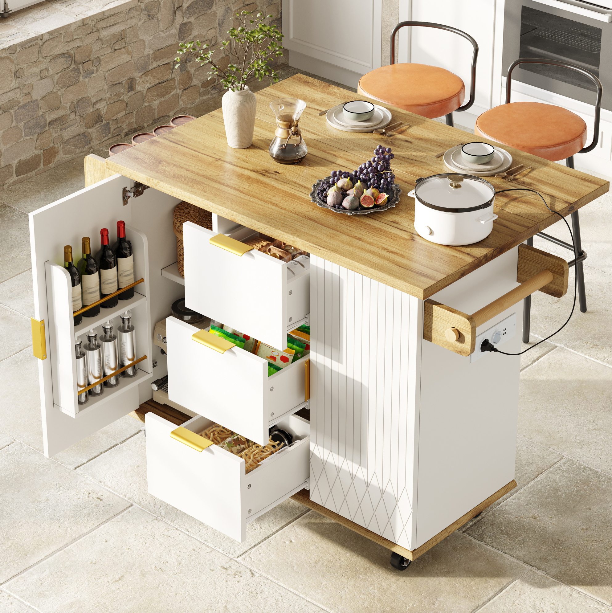 Îlot De Cuisine Mobile Avec Plan De Travail Rabattable, Prises, Roulettes, 134x74x88 Cm, Blanc