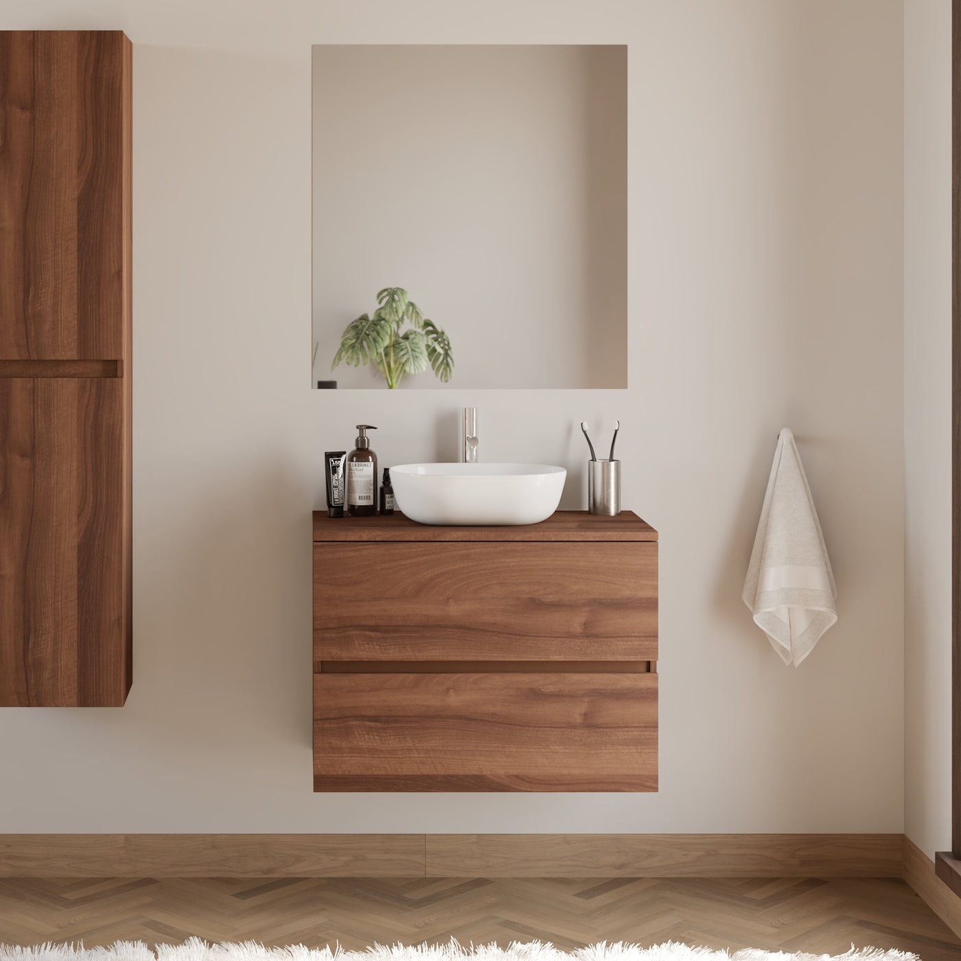 Meuble De Salle De Bain 60cm Avec Plateau Et Vasque À Poser Arrondie - 2 Tiroirs - Noyer (bois Foncé) - Ida