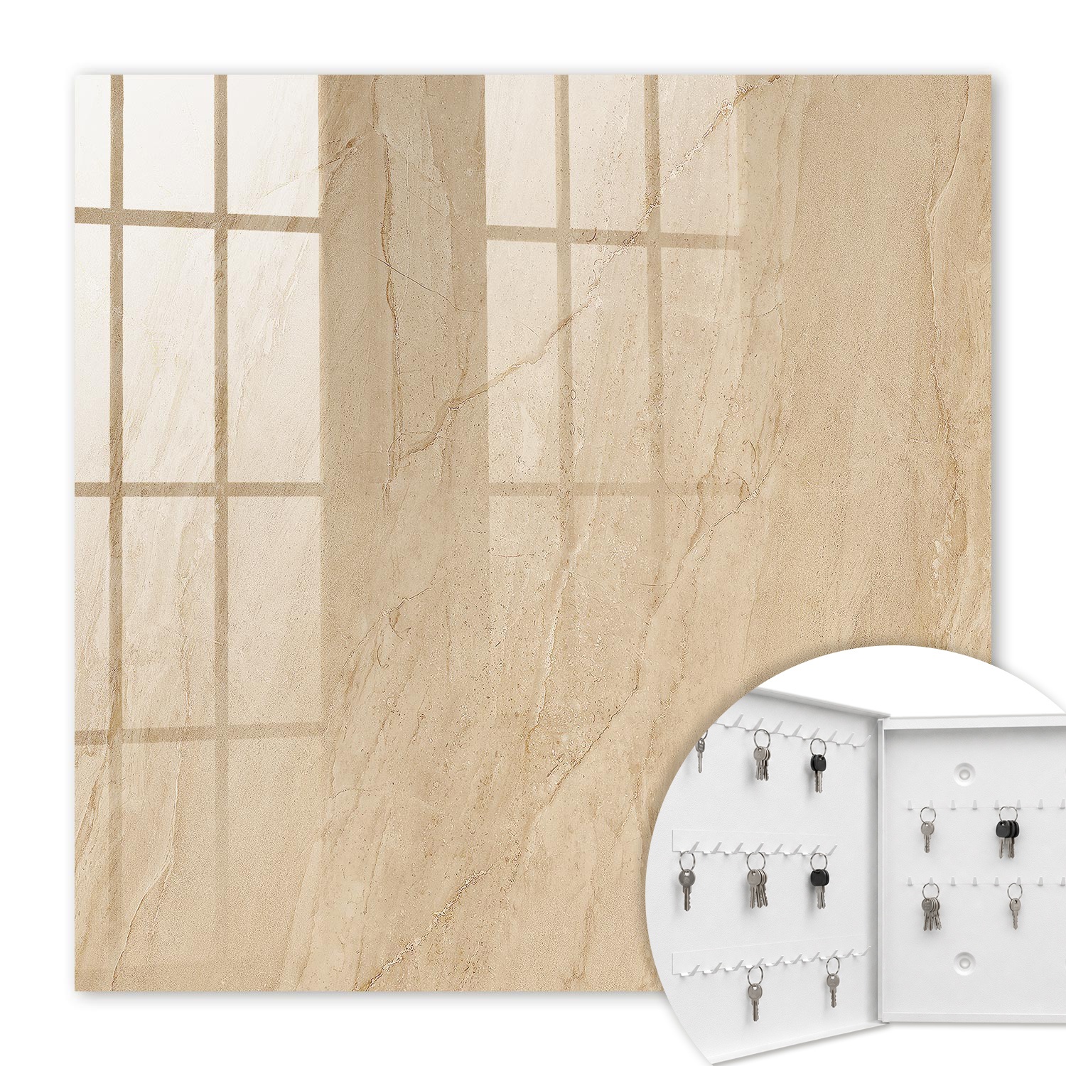 Armoire À Clés - (30 Cm X 30 Cm) - Boîte À Clés Murale - Coffret De Rangement Pour Clés - Couleur Blanche - Ouverture Vers La Gauche - Pour Maison Et Bureau - Marbre Beige