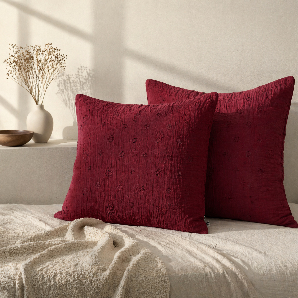 Lot De 2 Taies D'oreiller 60 X 60 Cm - Gaze De Coton Brodée - Gaïa Boho Bordeaux