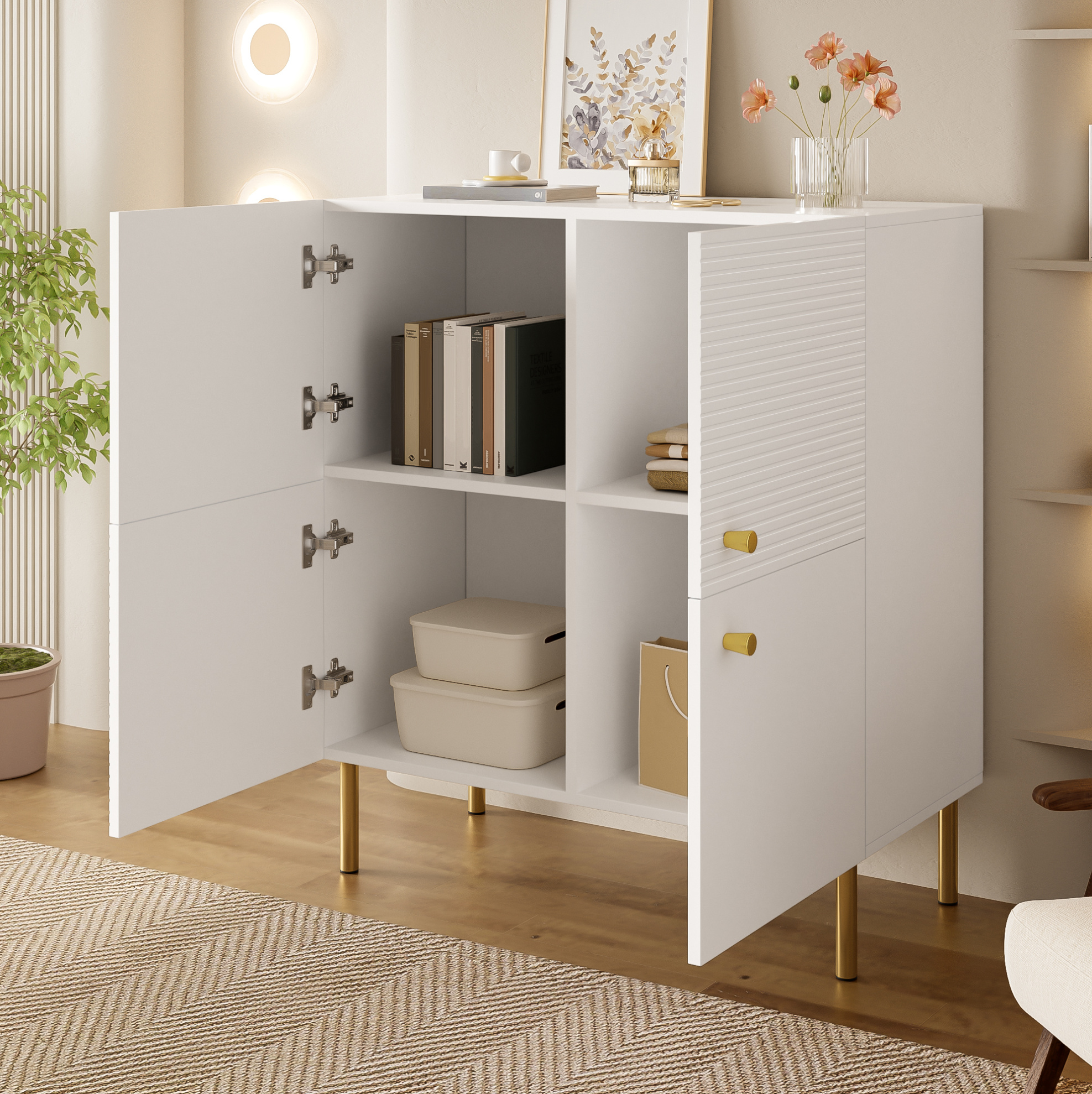 Buffet Blanc Moderne En Mdf, Poignées En Alliage De Zinc Et Pieds En Acier, 80 X 36 X 90 Cm