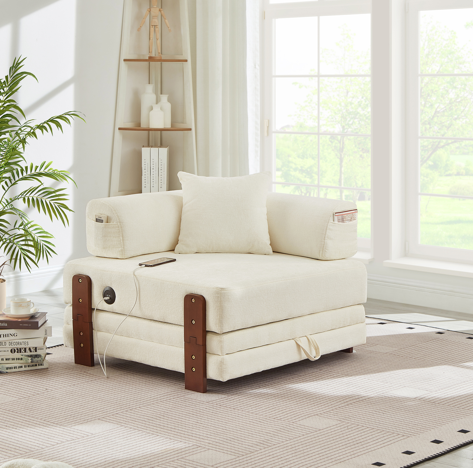 Canapé Convertible 2-en-1 Avec Ports Usb Et Type-c, Rangement Et Coussin, En Tissu Beige