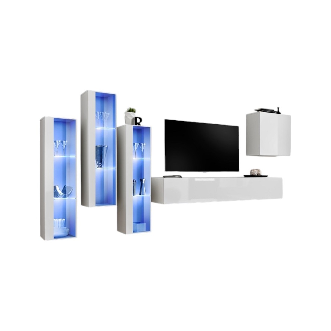 Composition Murale Switch Xiii - Meuble Tv, Vitrines Led Et Cube - Blanc Brillant - D
