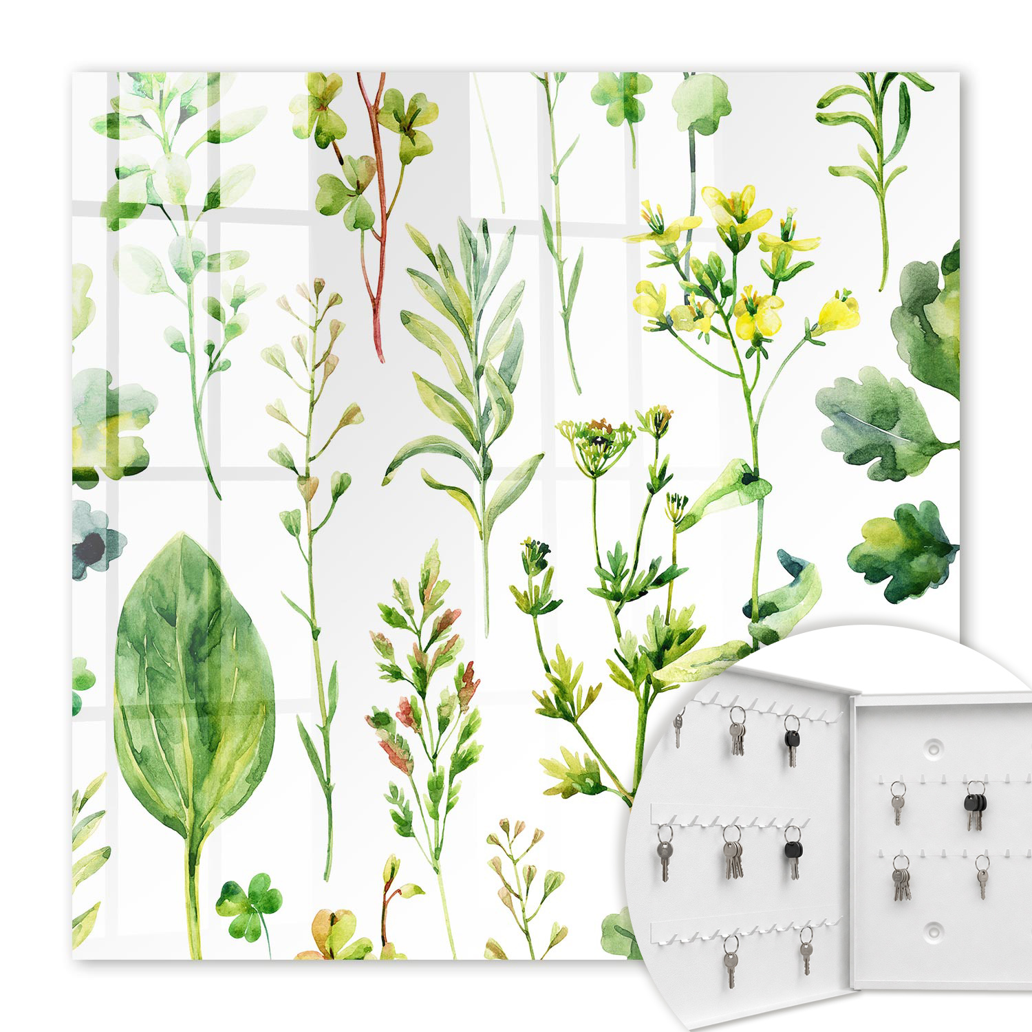 Armoire À Clés - (30 Cm X 30 Cm) - Boîte À Clés Murale - Coffret De Rangement Pour Clés - Couleur Blanche - Ouverture Vers La Gauche - Pour Maison Et Bureau - Aquarelle De Plantes