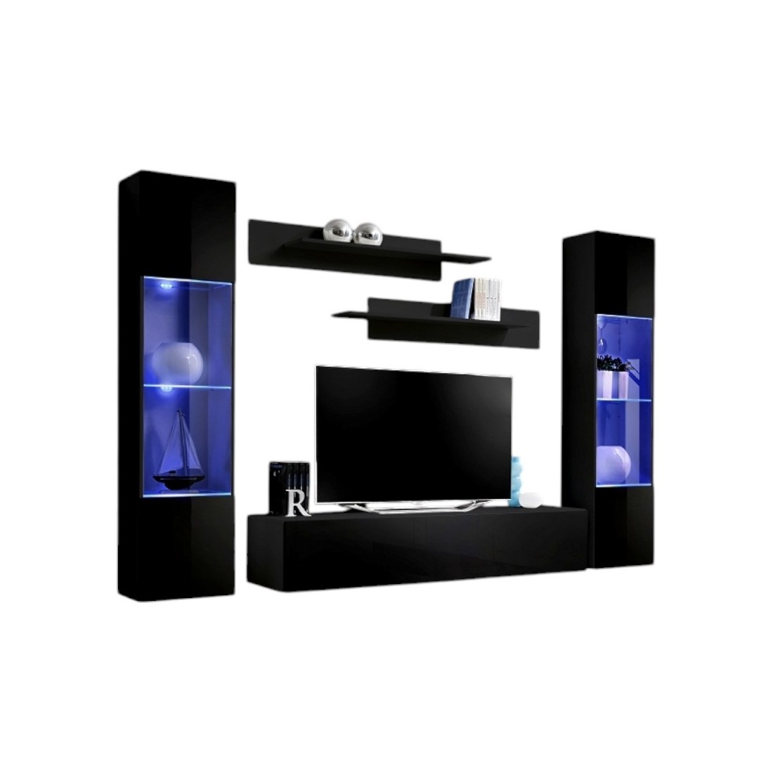 Meublorama - Meuble Tv Fly A3 Design, Coloris Noir Brillant + Led. Meuble Suspendu Moderne Et Tendance Pour Votre Salon.