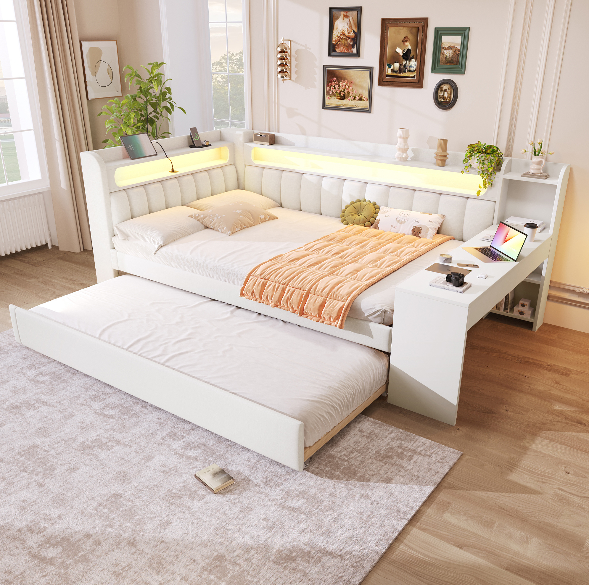 Redom - Lit Double 140x200 Cm Avec Led Usb Lit Gigogne Et Bureau Mdf Contreplaqué Rembourré Blanc (sans Matelas)