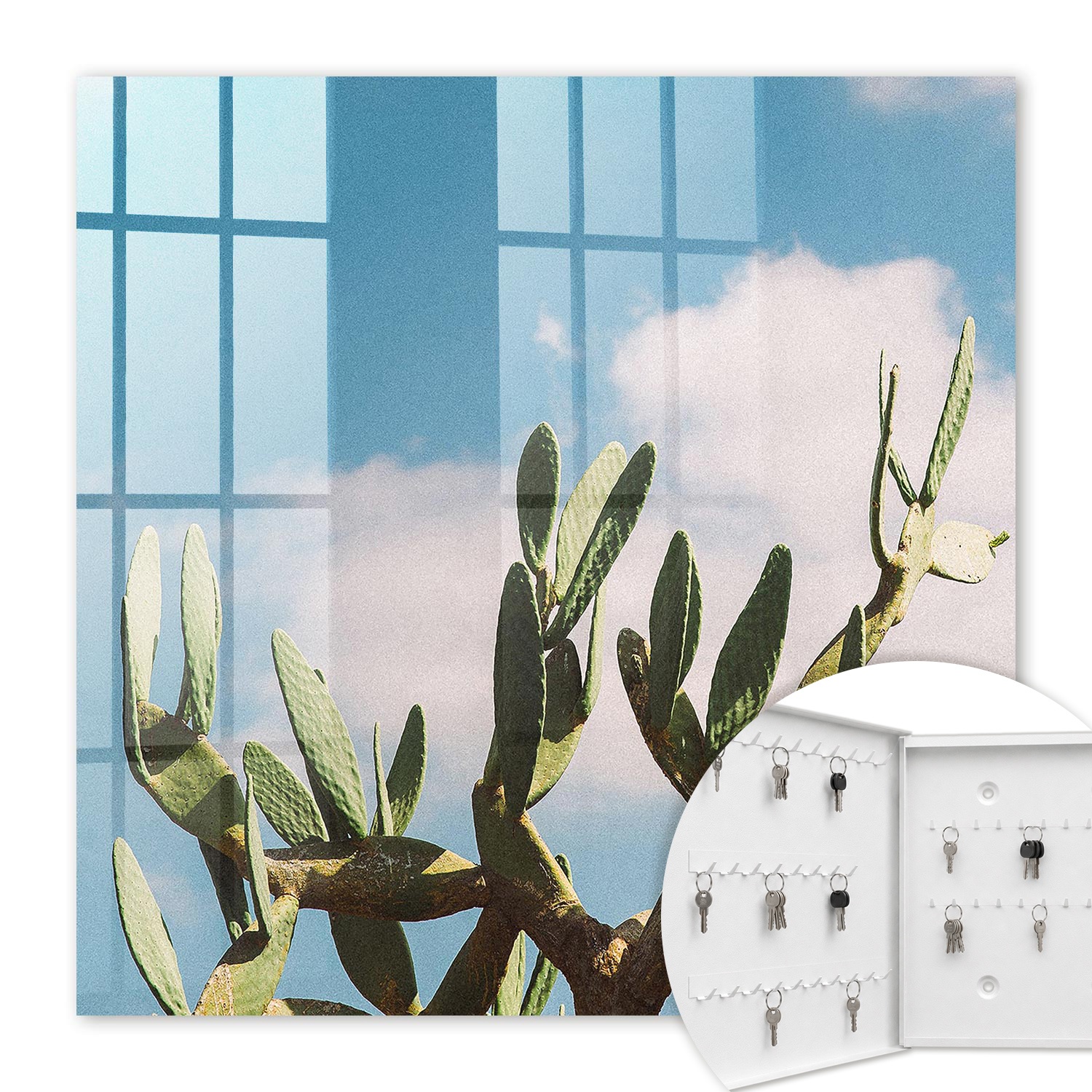 Armoire À Clés - (30 Cm X 30 Cm) - Boîte À Clés Murale - Coffret De Rangement Pour Clés - Couleur Blanche - Ouverture Vers La Gauche - Pour Maison Et Bureau - Cactus Vert