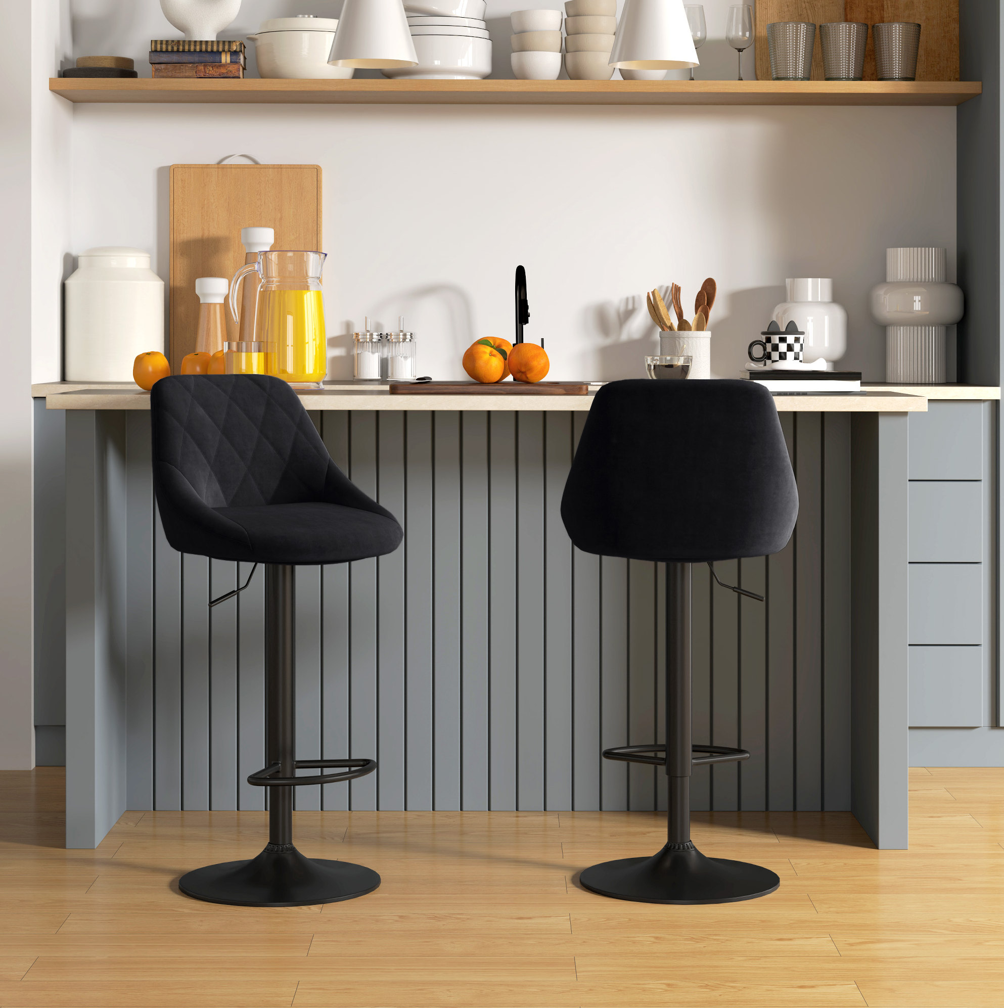 Lot De 2 Tabourets De Bar Réglables Noirs Avec Dossier, Repose-pieds, Velours Et Métal