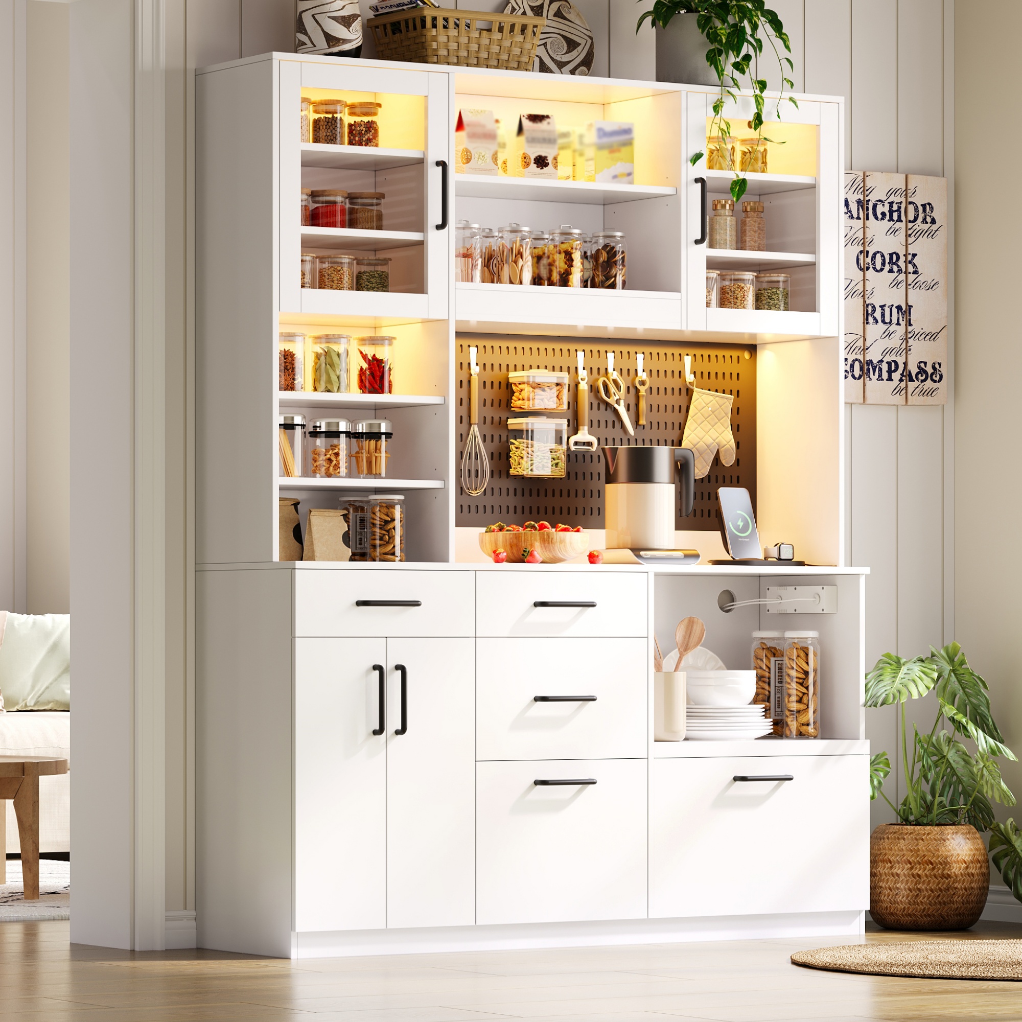 Buffet De Cuisine 145x40x185 Cm, Éclairage Led Rgb, Prise Intégrée, Mdf Blanc