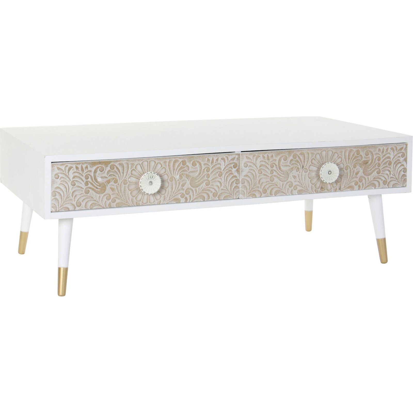 Table Basse Mandala Épicéa Bicolore Avec Tiroirs - Brun Clair Orné D'Un Motif Mandala