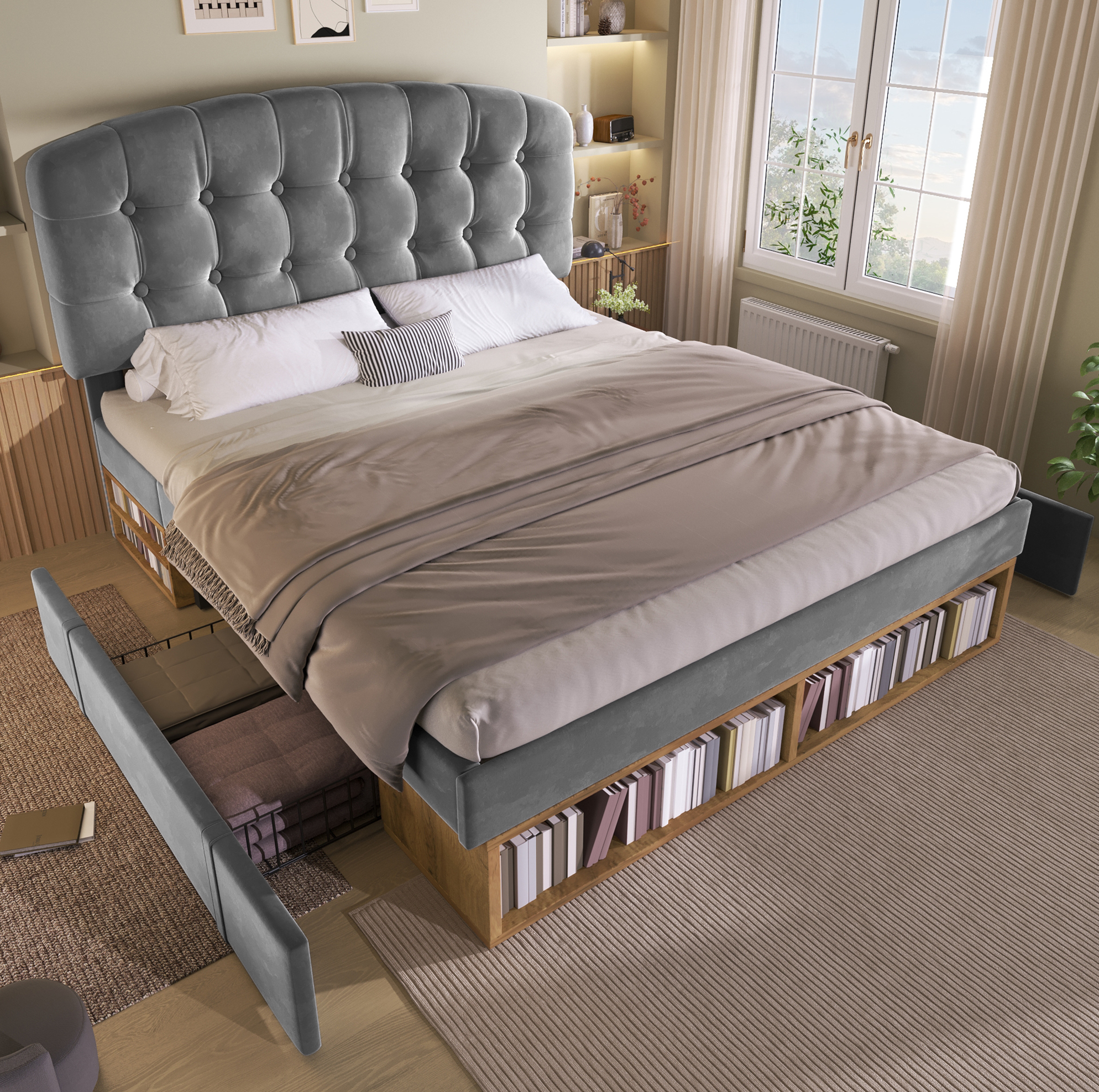 Lit Double 140x190 En Velours Gris Avec Sommier, Tête De Lit Réglable Et Rangements