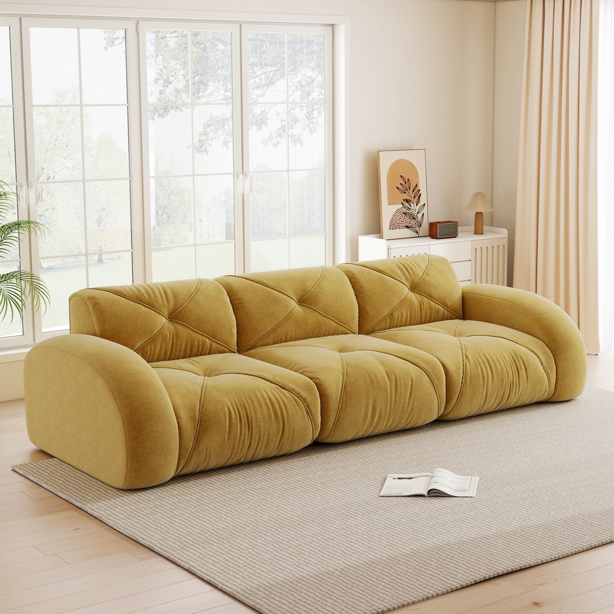 Canapé Modulable 3 Places Sans Cadre En Chenille Jaune 281 X 95 X 76 Cm Redom