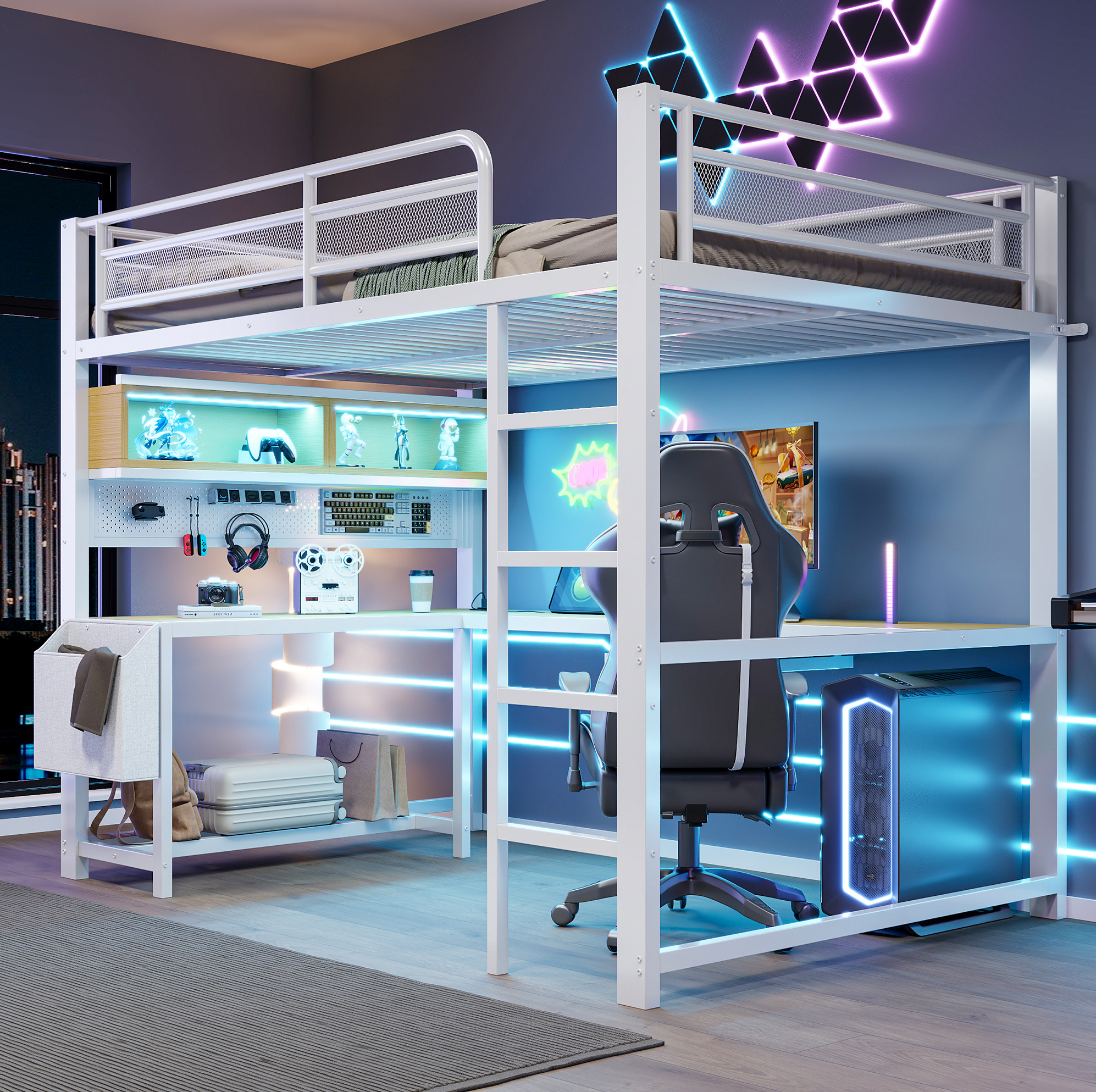 Lit Mezzanine Gaming 140 X 200 Cm Avec Bureau, Tiroir Clavier, Rangements, Led, Blanc