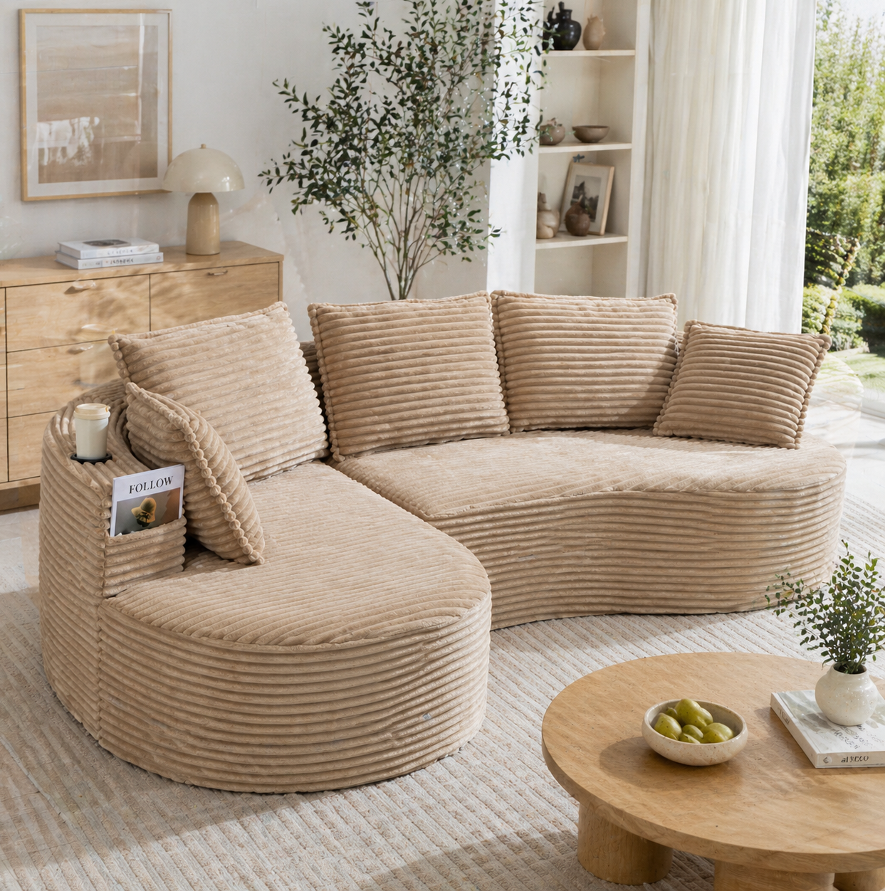 Canapé En Corduroy Beige, Design Courbé, 250 X 152 X 82 Cm, Avec Porte-gobelets Et Poche, Redom