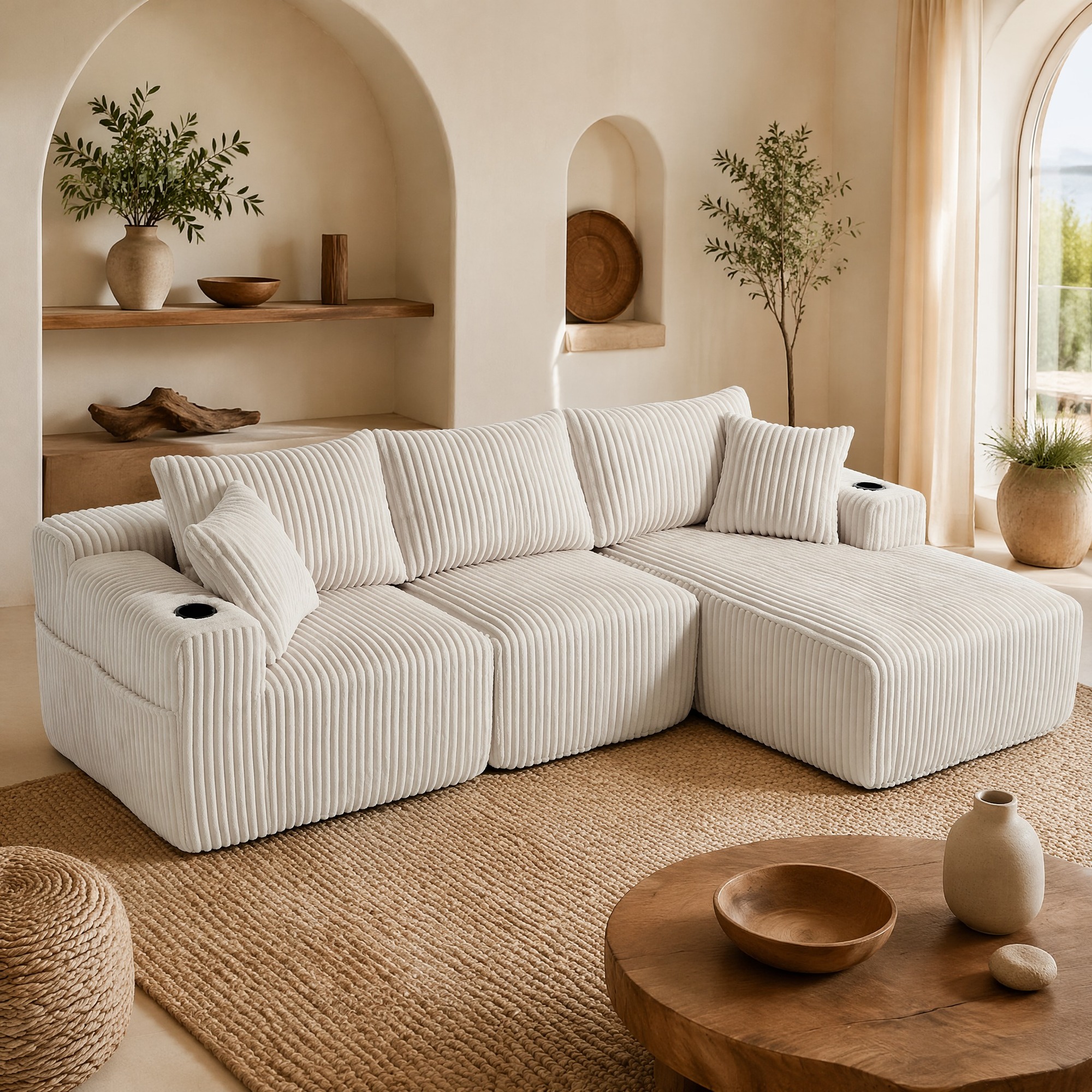 Canapé Modulable Avec Chaise Longue Et 2 Places, Velours Côtelé Beige, 5 Coussins, Poches Latérales