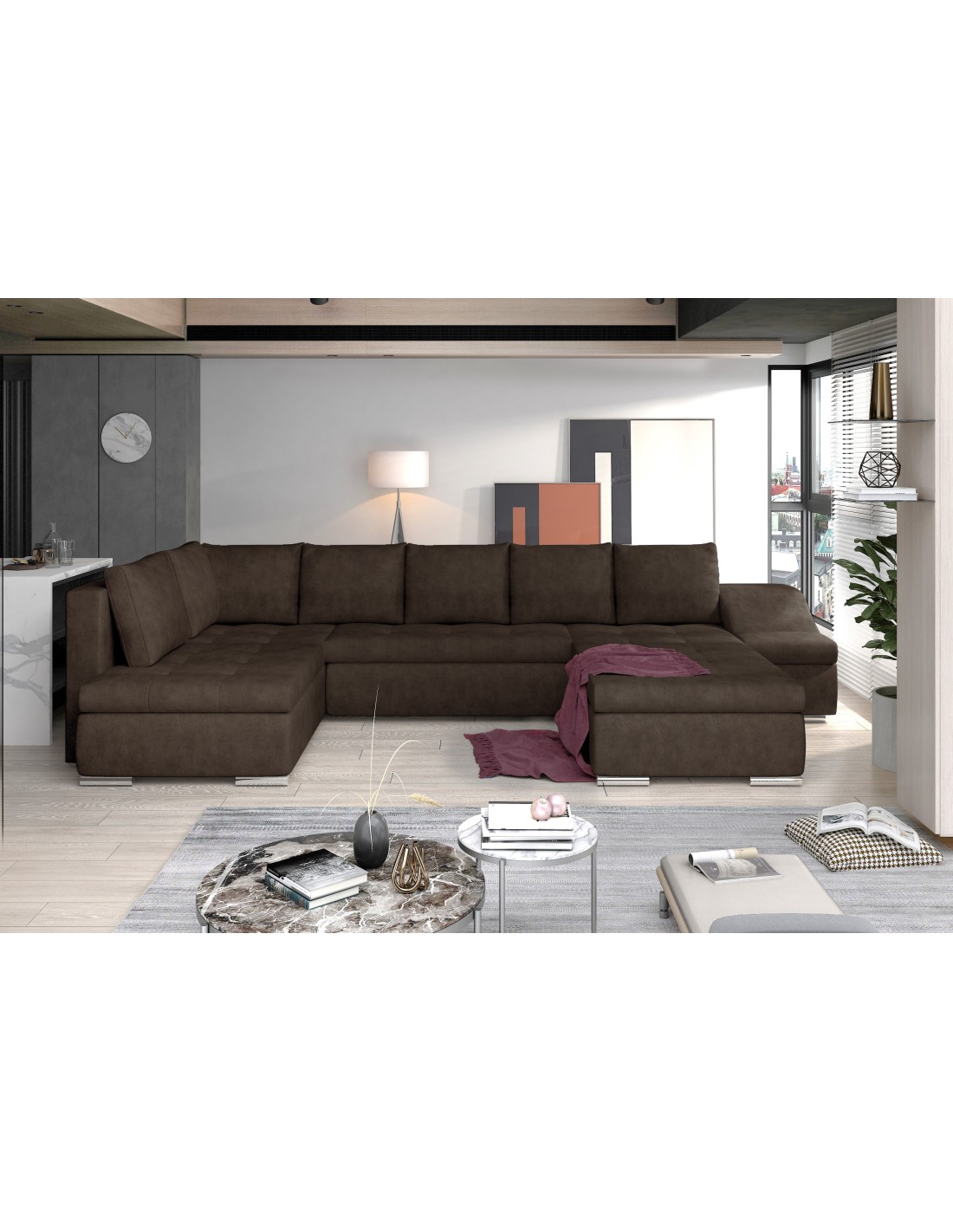 Canapé Panoramique Gyovani Chocolat Angle Droit Convertible Avec Têtières