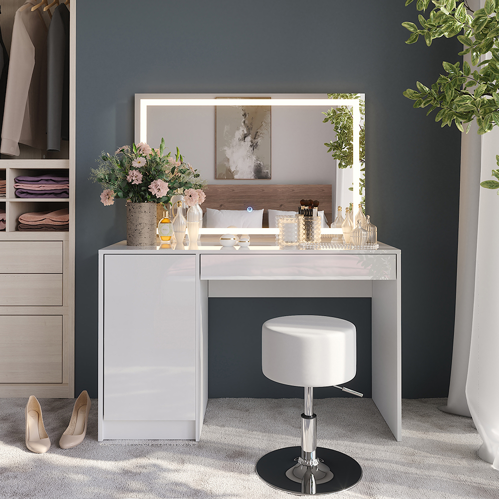 Coiffeuse Sherry, Blanc/blanc Haute Brillance, 119.8cm Avec Miroir Led Et Tabouret, Vicco