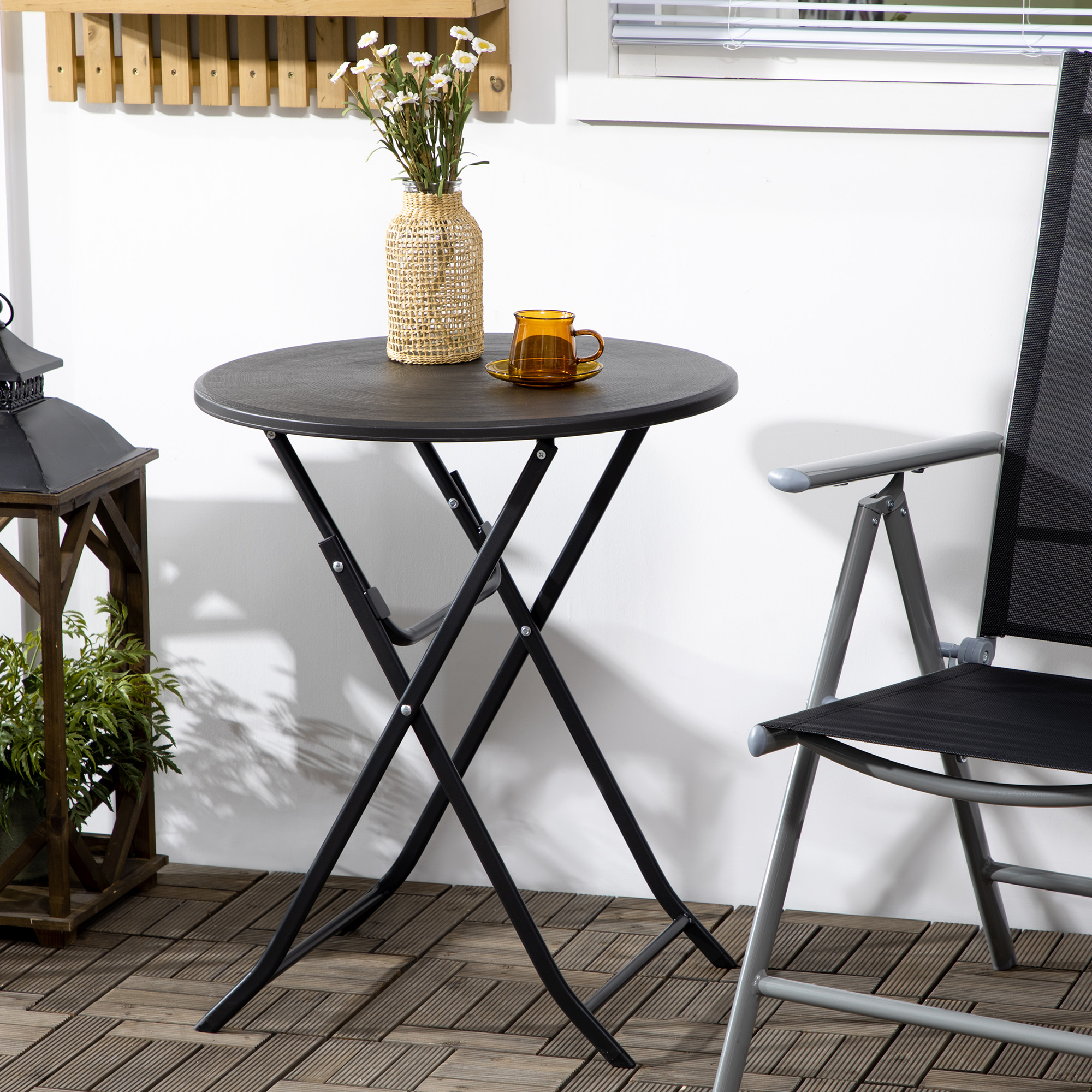 Redom Table De Jardin Pliante Ronde 60x60x73 Cm, Pour 4 Personnes, Plateau Aspect Bois, Acier Et Hdpe Gris Foncé
