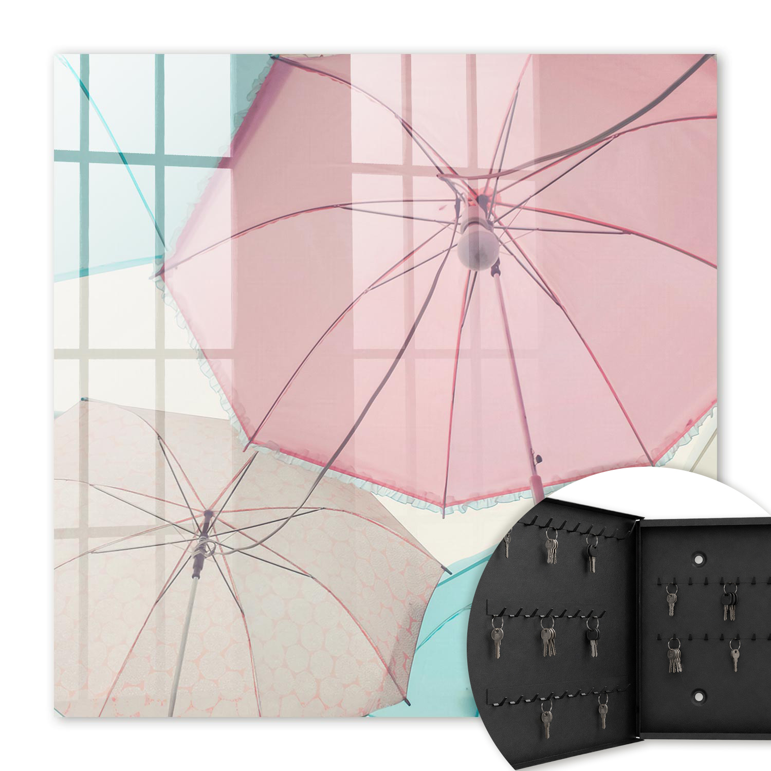 Armoire À Clés - (30 Cm X 30 Cm) - Boîte À Clés Murale - Coffret De Rangement Pour Clés - Couleur Noire - Ouverture Vers La Gauche - Pour Maison Et Bureau - Parapluies Pastel