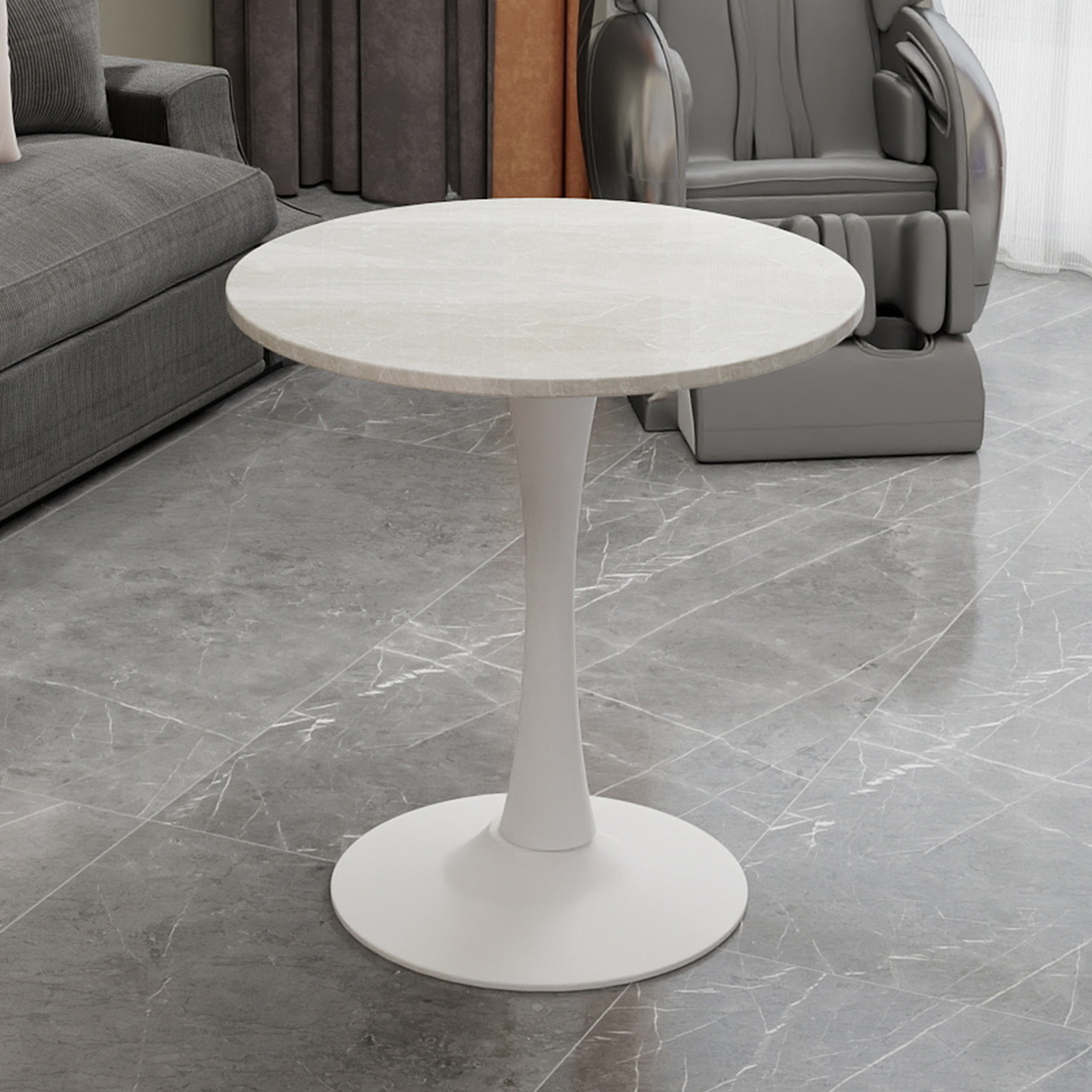 Redom Table Basse Ronde, Design Moderne Minimaliste, Marbre Artificiel Blanc