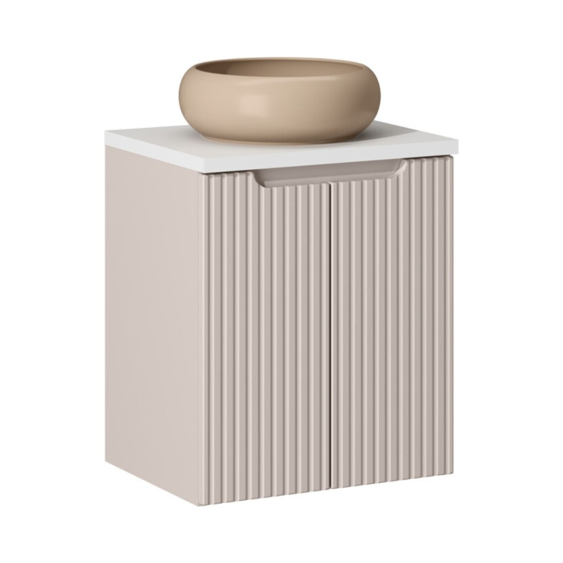 Ensemble Vano Cachemire Et Blanc 50cm: Meuble Sous Vasque À Placards + Plan Pour Vasque + Vasque Ronde Cappuccino À Poser