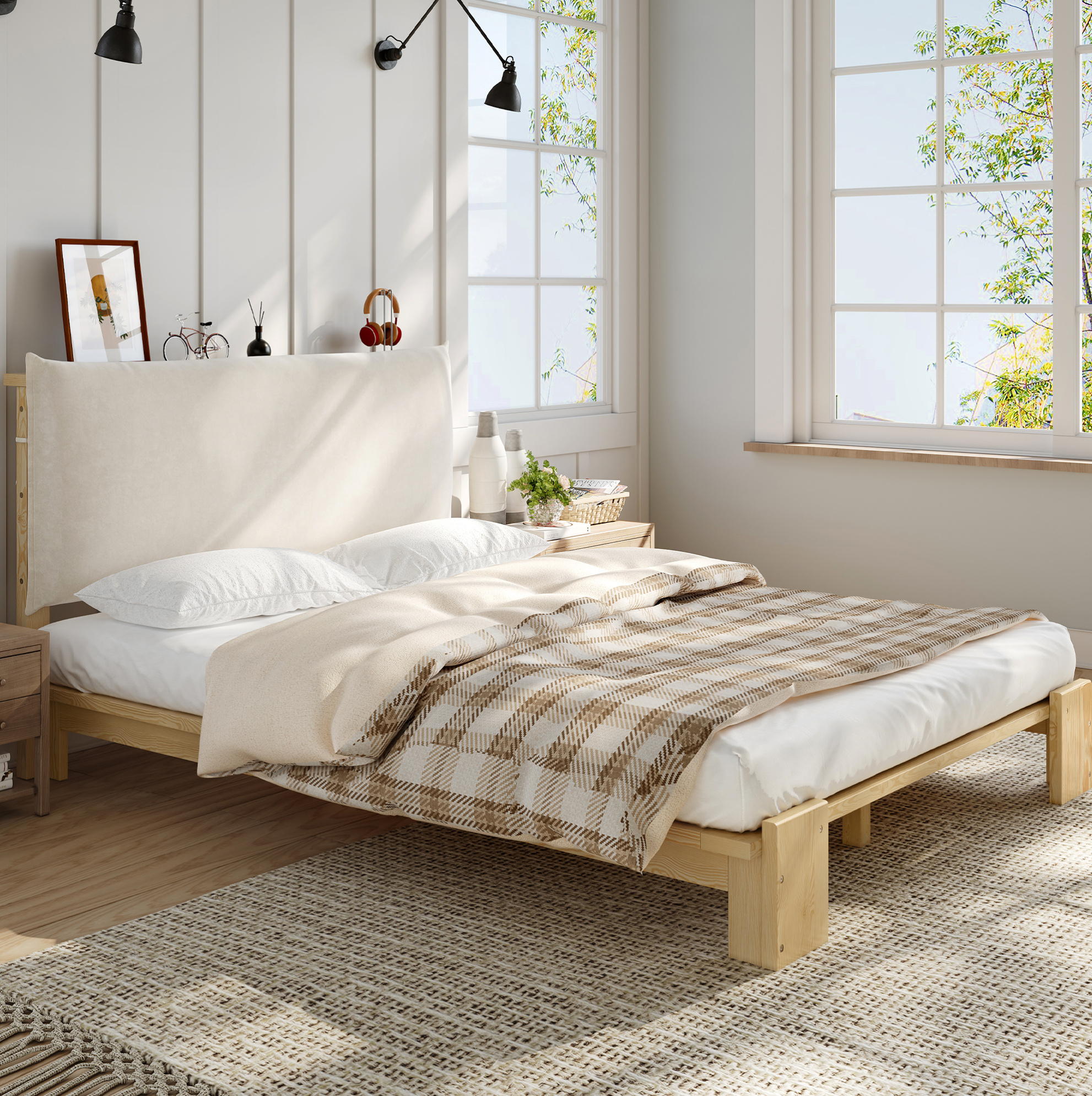 Redom - Lit Simple 140x200 Cm Avec Fermeture Velcro, Sommier Stable, Pieds Larges, Bois, Tissu, Naturel (sans Matelas)