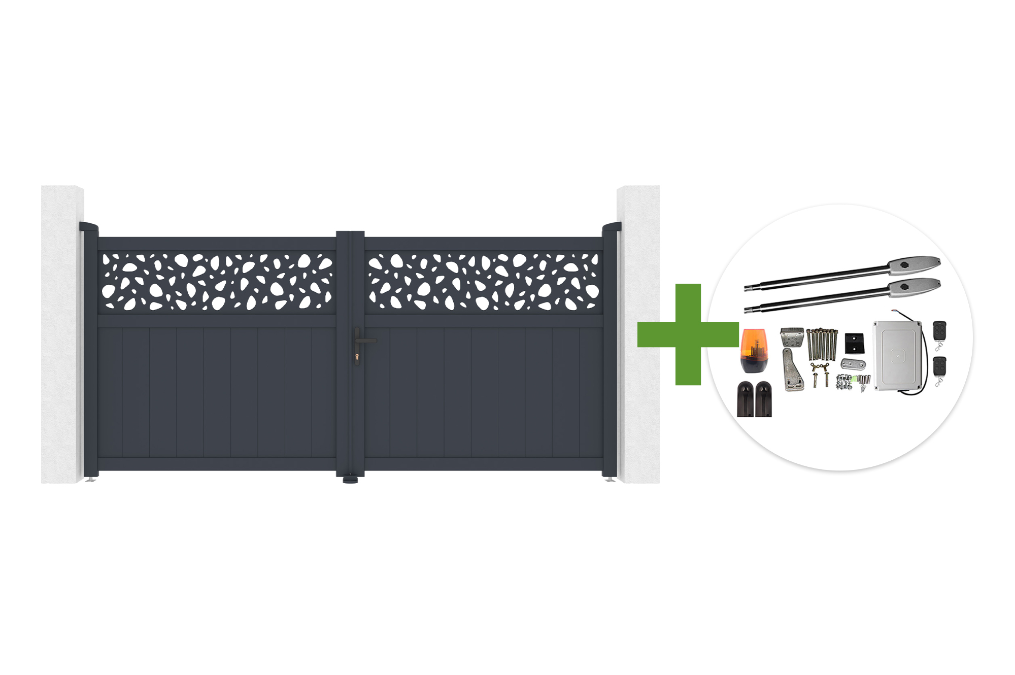 Portail Battant 3m Dolomite Sunny H.140cm Aluminium Gris + Motorisation De Portail Battant Tanker B250