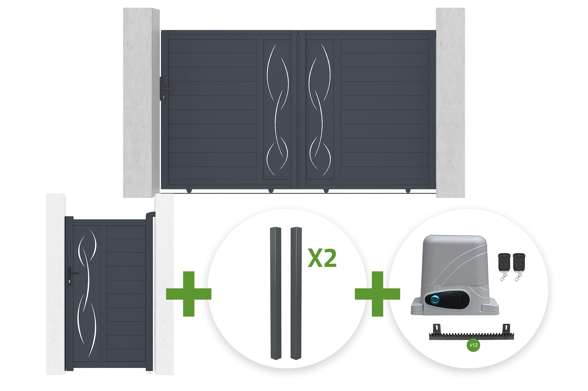 Portail Coulissant 3m Life H.180cm Gris + Portillon 1m Life H.180cm Gris + 4 Poteaux Elda + Motorisation Ranger C300