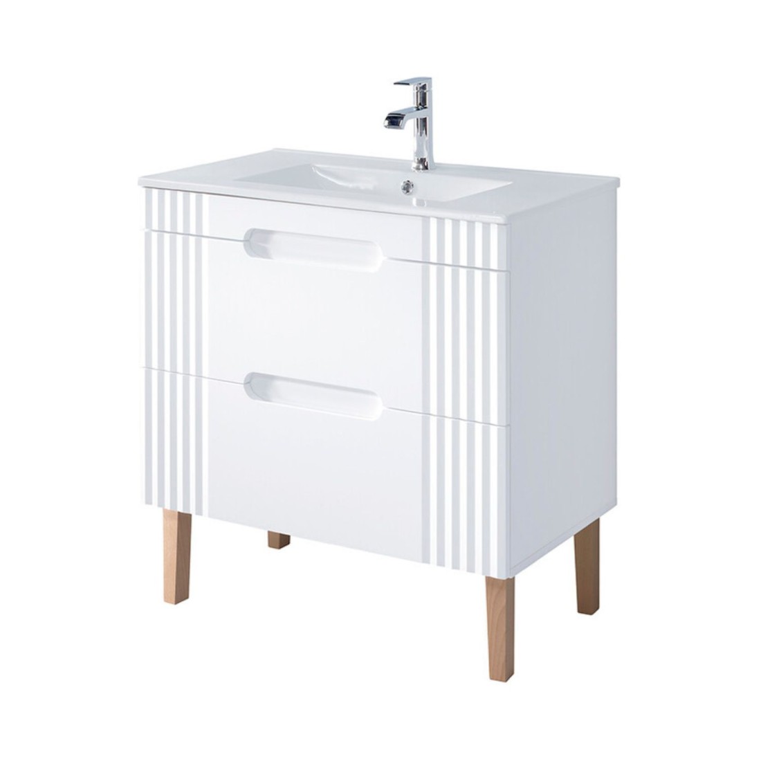 Ensemble De Salle De Bain Fidji: Meuble Sous Vasque 80cm + Vasque À Encastrer Blanche + Siphon + Pieds