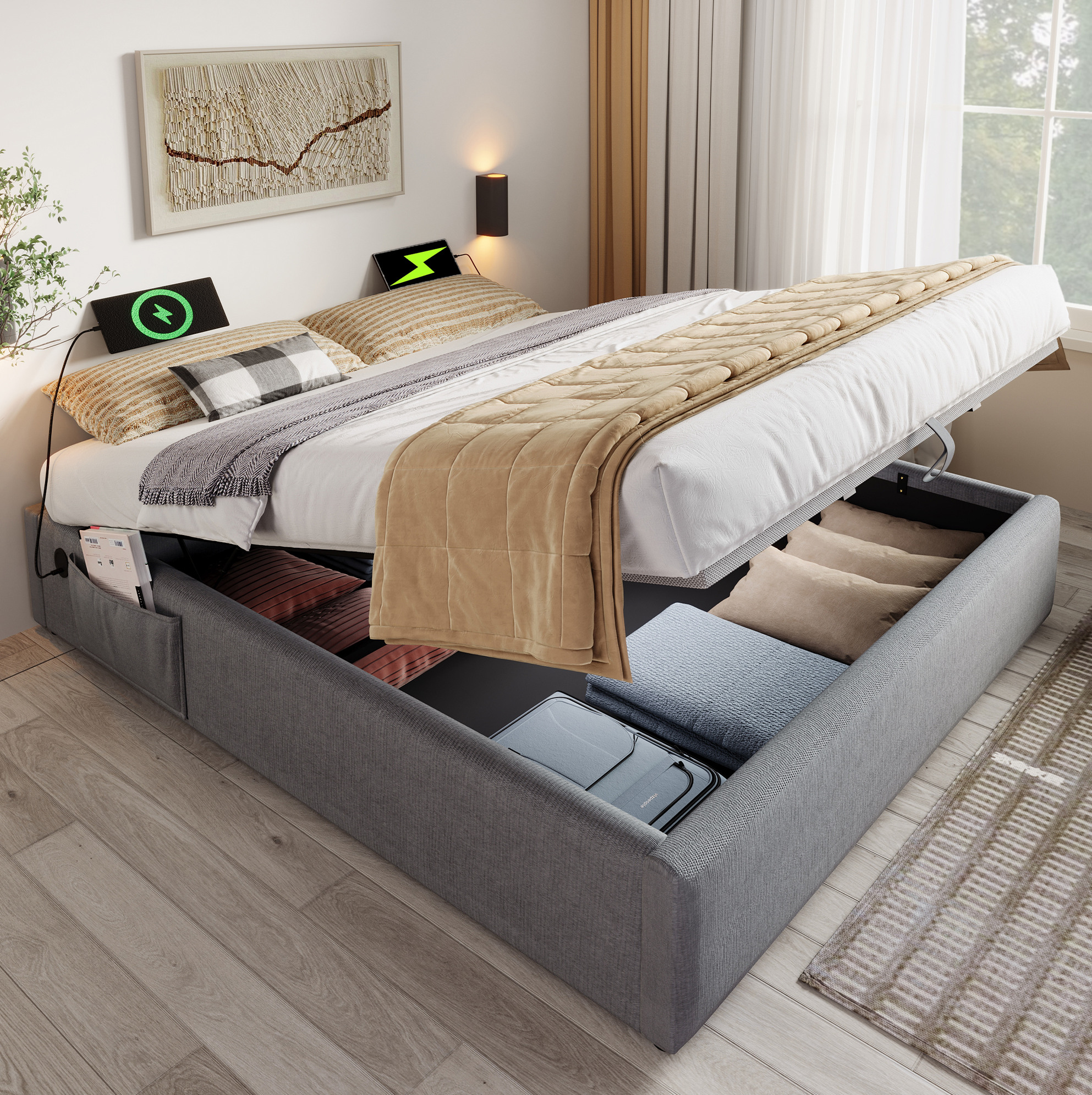 Lit Double 160x200 Cm Avec Rangement, Usb-c, Sommier Pleine Surface, Gris, Sans Tête De Lit