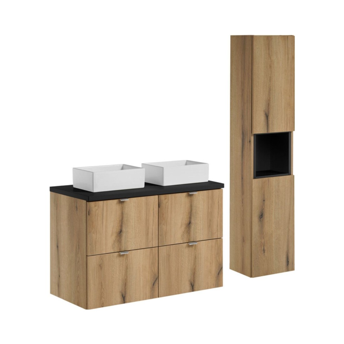 Ensemble Vano Chêne Et Noir 130cm: Meubles Sous Vasque À Tiroirs + Plan Pour Vasque + Vasques À Poser Rectangulaires + Colonne