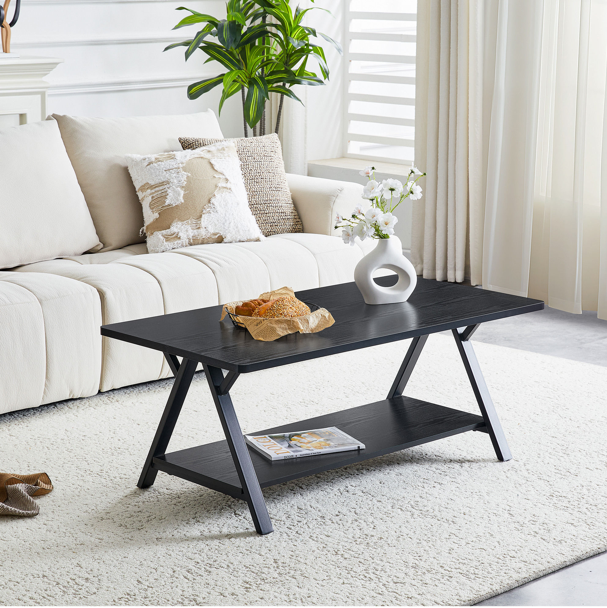 Table Basse Industrielle Avec Rangement, Effet Bois Noir Et Cadre Métal, 110 X 57 X 44,5 Cm