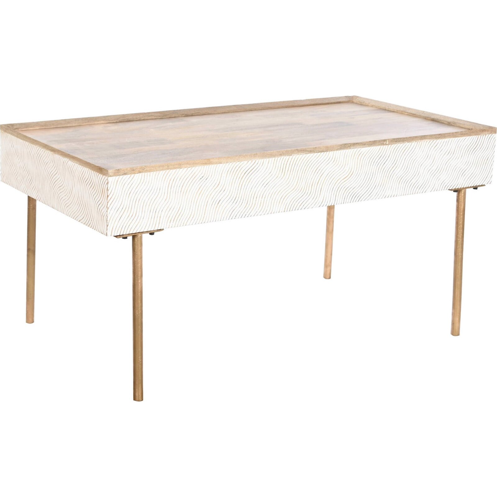 Table Basse Ondes Manguier Élégance Et Métal Doré - Marron Ondulé Avec Touches Blanches Et Dorées
