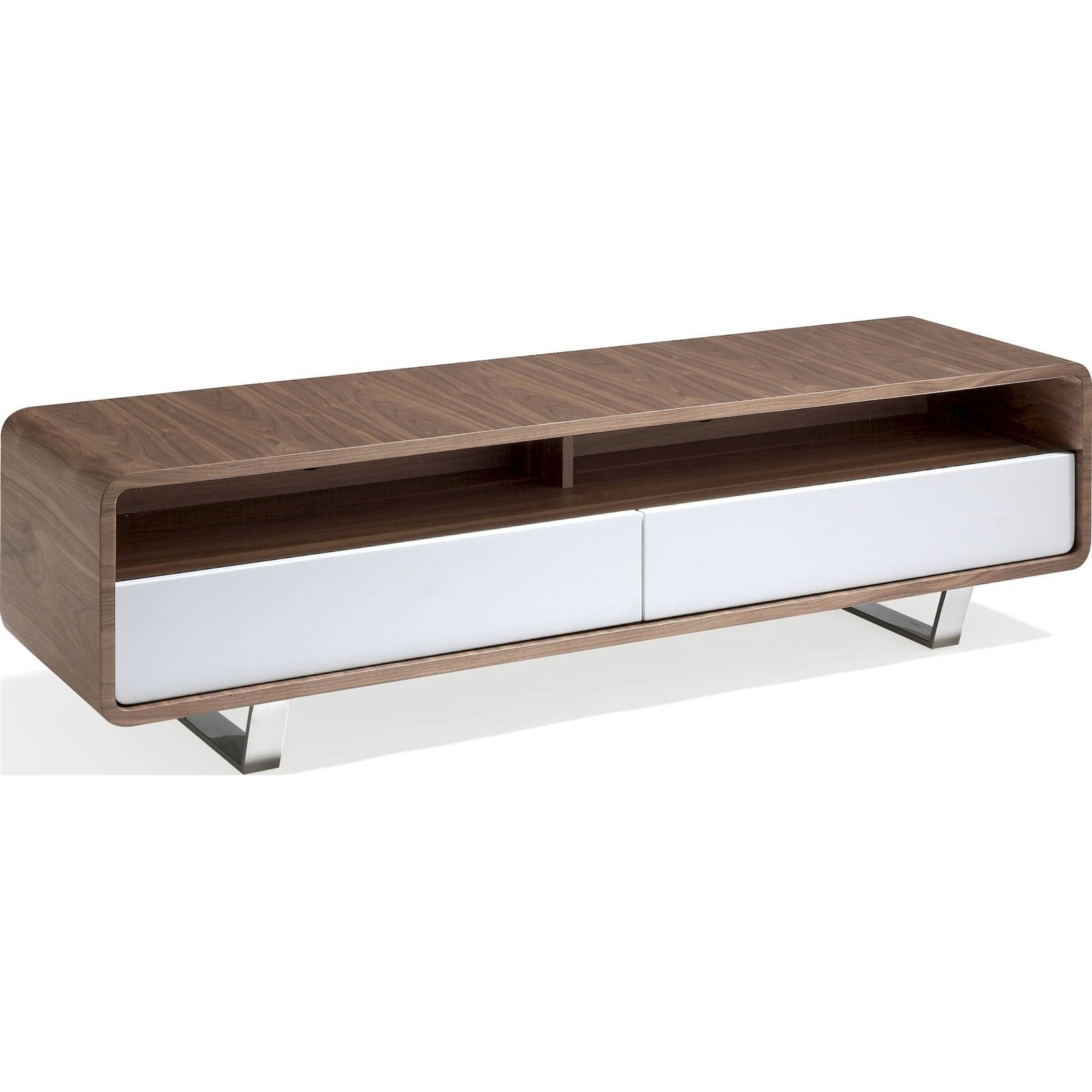 Buffet Tv Bois Noyer Avec Deux Tiroirs Laqués Brillant Pieds Acier Inoxydable - Marron