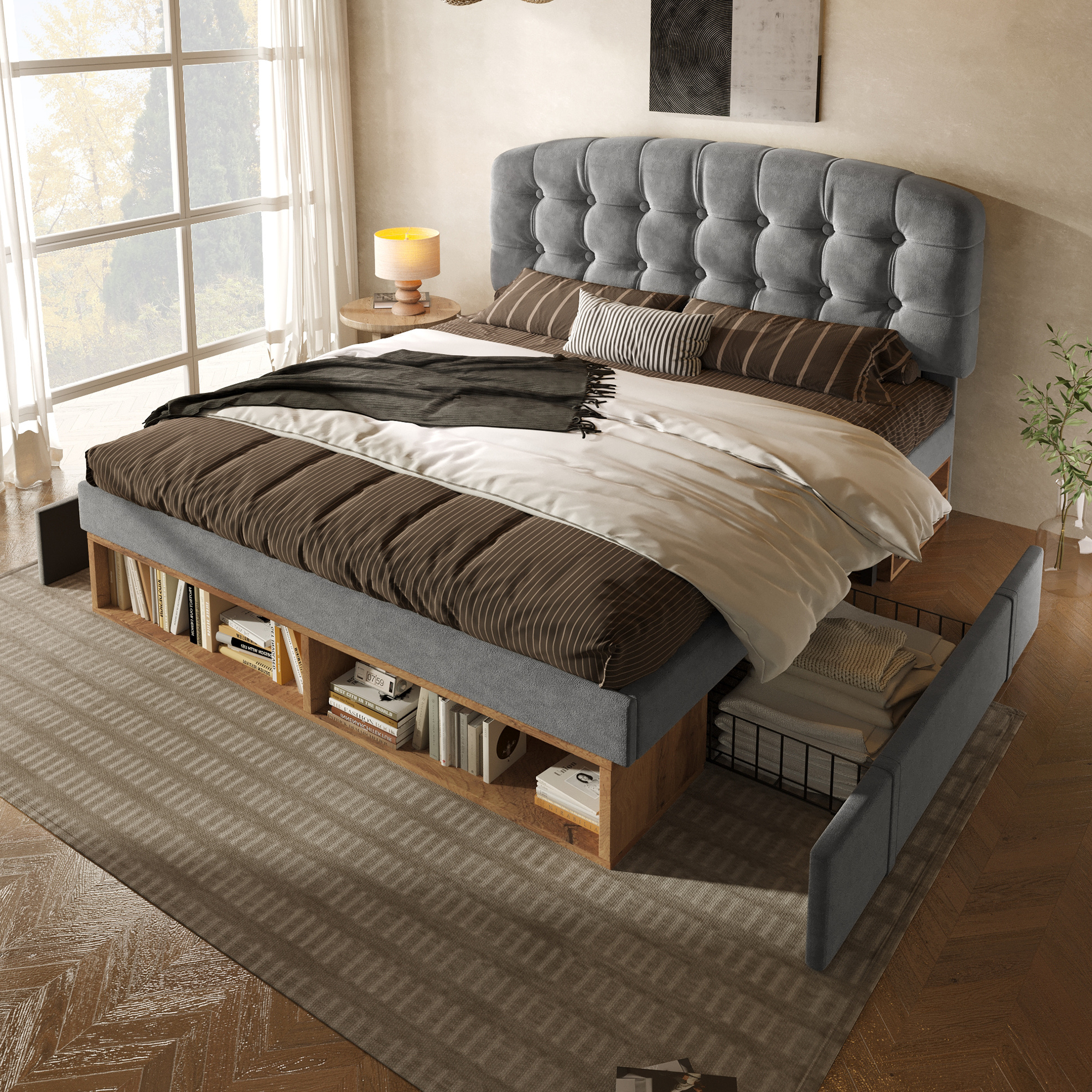 Lit Simple 90x200 Cm En Velours Gris Avec Sommier, Tête De Lit Réglable Et Tiroirs
