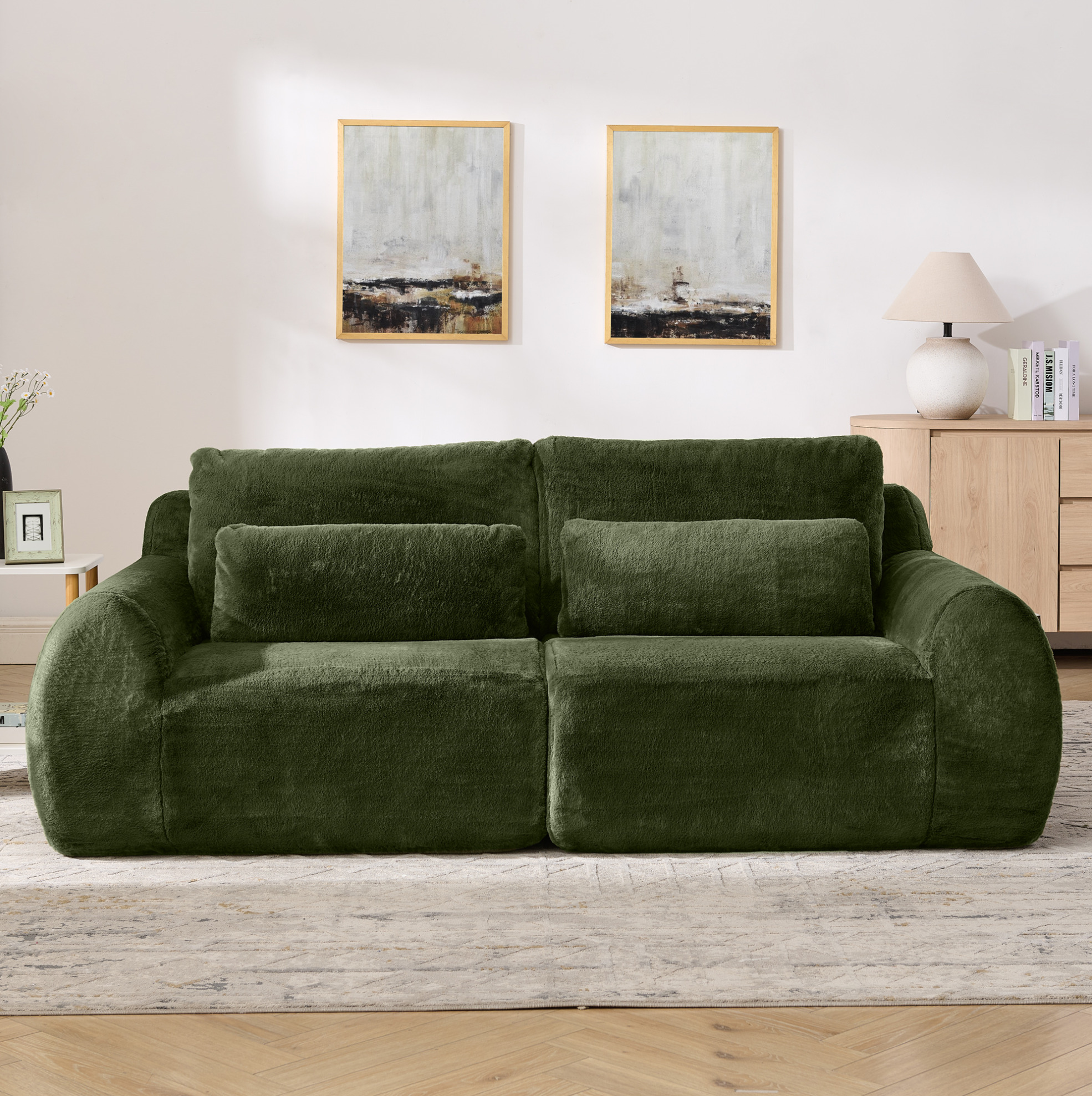 Canapé 2 Places En Tissu Effet Fourrure De Lapin, Usb, Poche Latérale, Vert, 208 X 101 X 81 Cm