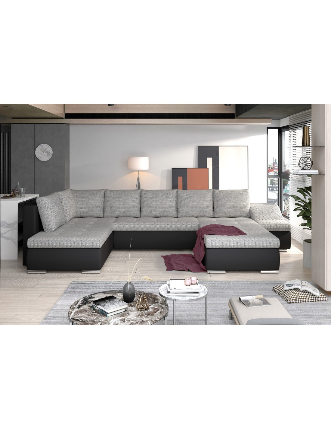 Canapé Panoramique Gyovani Gris Clair Et Noir Angle Droit Convertible Avec Coffre