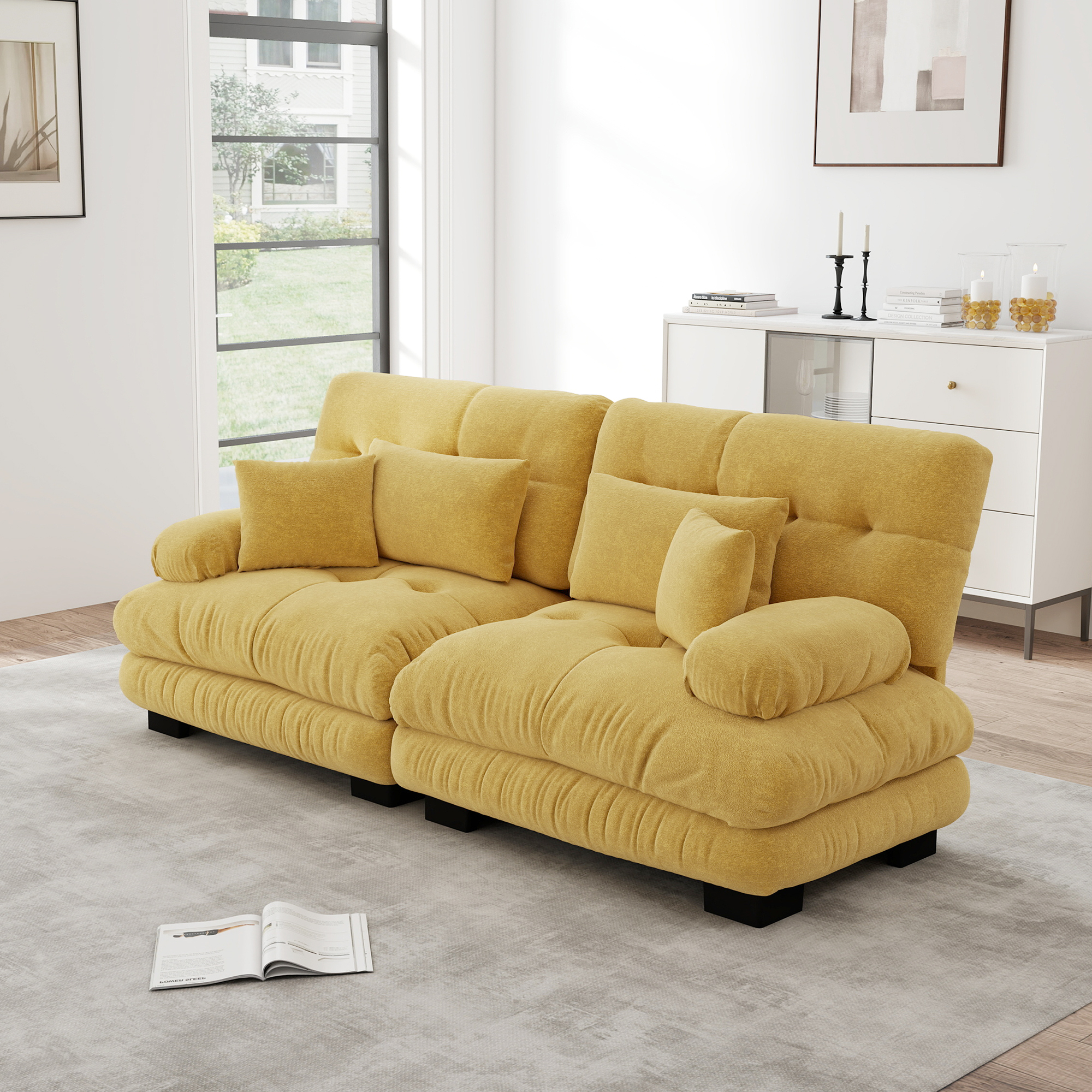 Redom Canapé Modulaire, Assise Profonde, Accoudoirs Rembourrés, Coussins Décoratifs Et Lombaires, Chenille Jaune
