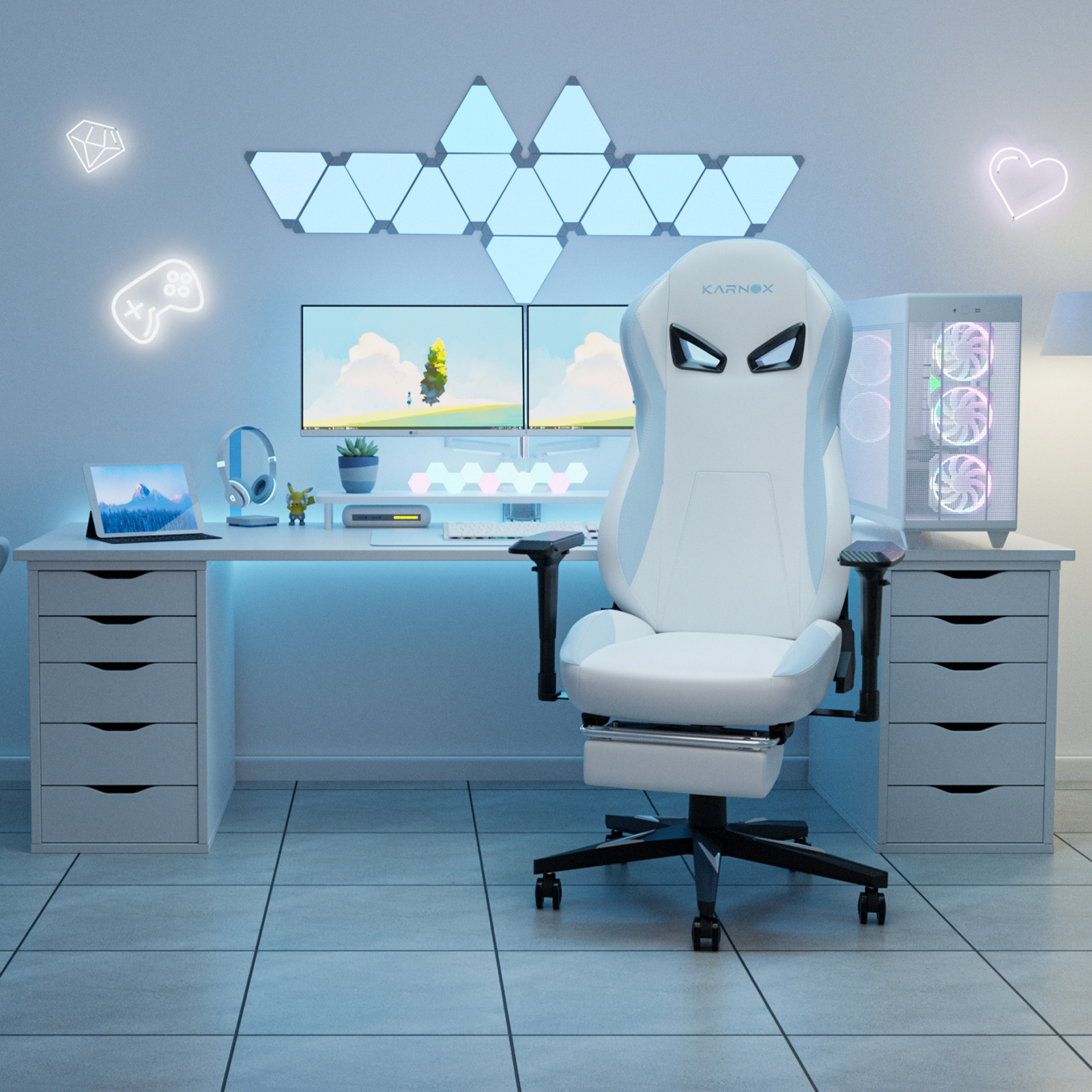 Chaise Gaming Ergonomique À Dossier Haut Avec Repose-pieds, Pu, Blanc Et Bleu