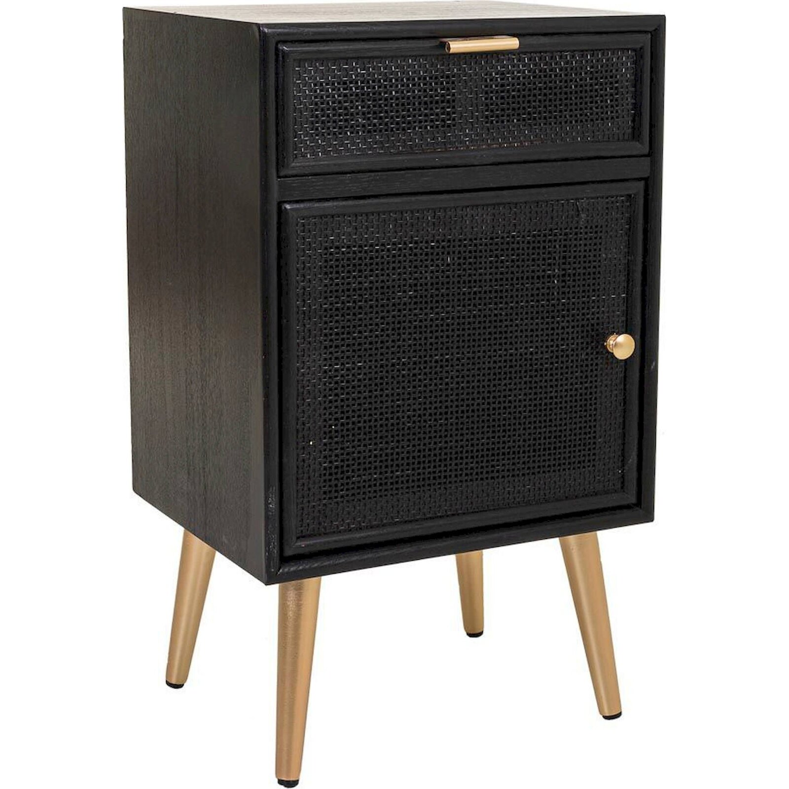 Table De Chevet Bois Et Cannage Noir Style Contemporain Élégant - Noir Cannage Et Pieds Dorés