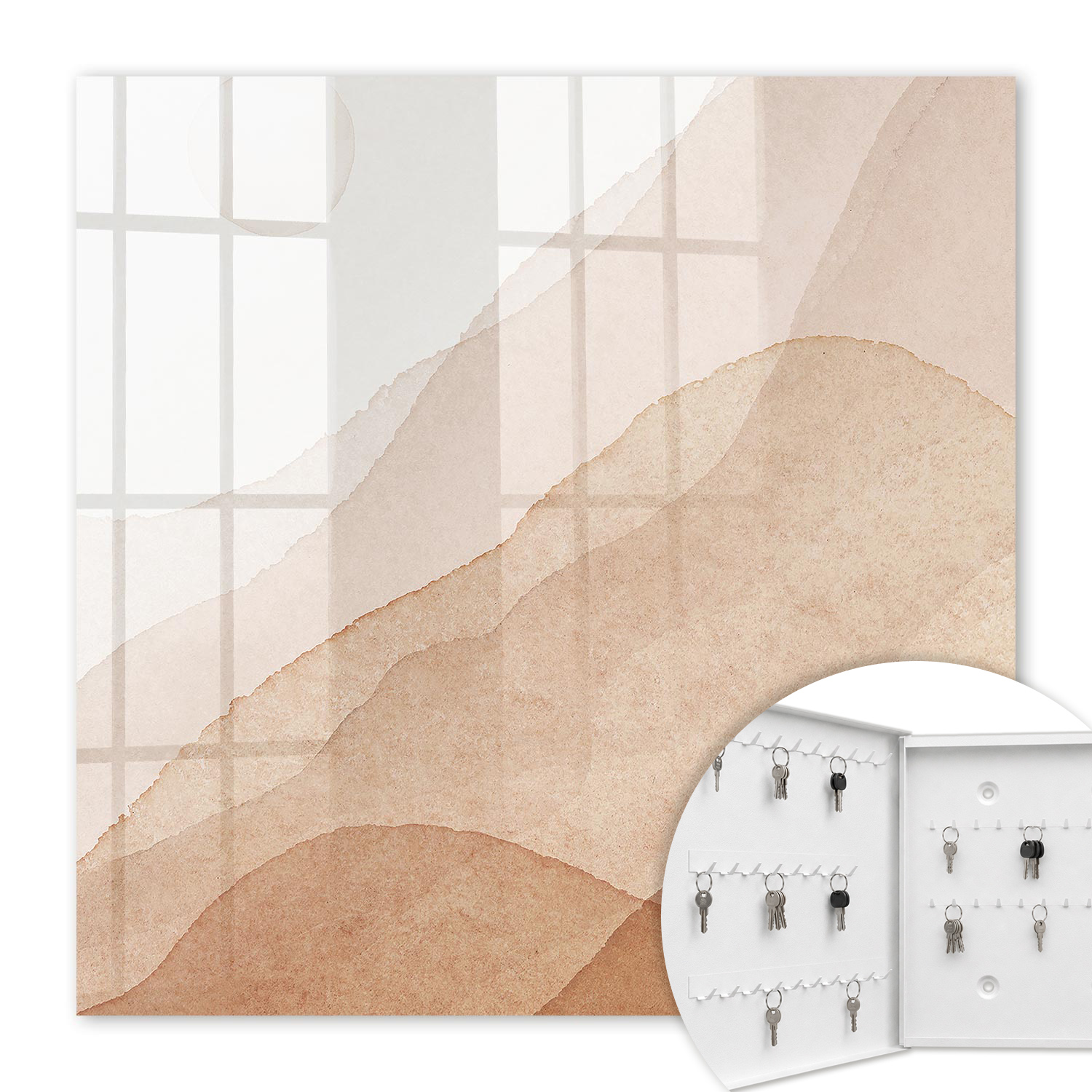Armoire À Clés - (30 Cm X 30 Cm) - Boîte À Clés Murale - Coffret De Rangement Pour Clés - Couleur Blanche - Ouverture Vers La Gauche - Pour Maison Et Bureau - Paysages Beiges