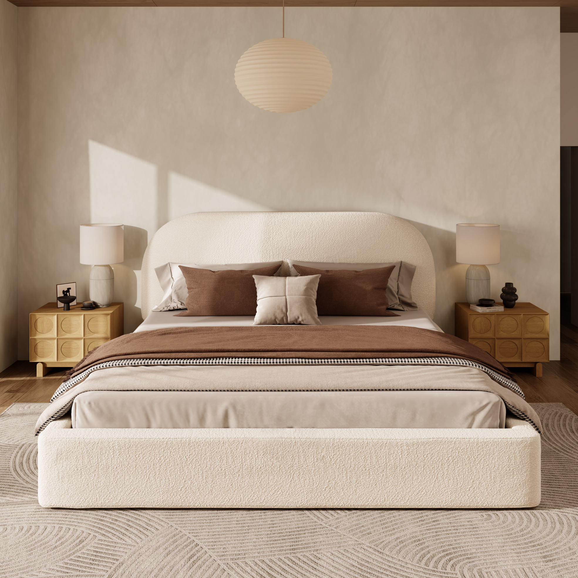 Lit Double 180 X 200 Cm Avec Sommier, Tête De Lit Capitonnée, Bouclé Beige Redom