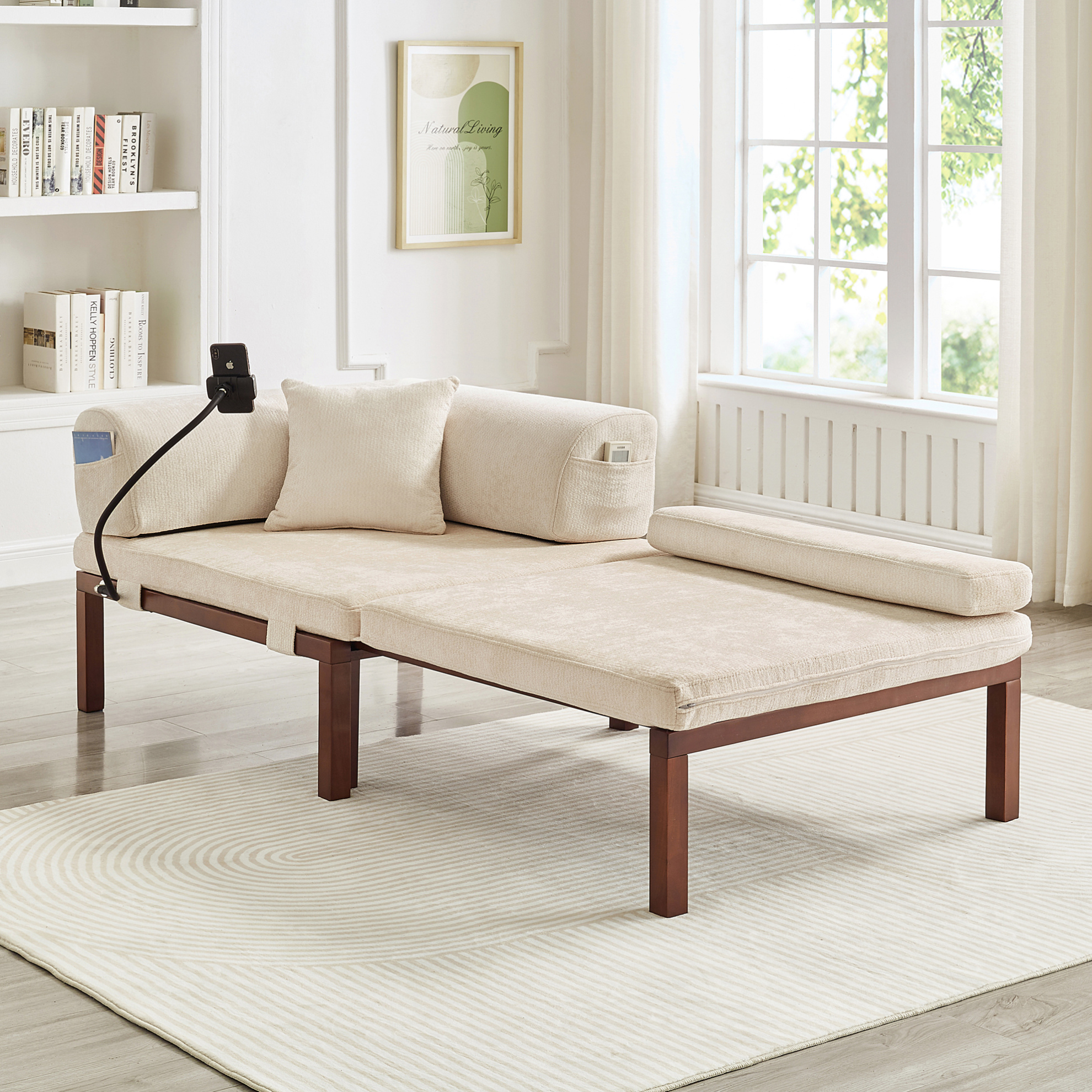 Sofá Cama Plegable Individual, Convertible En Cama Extraíble, Estructura De Madera Maciza, Terciopelo Beige