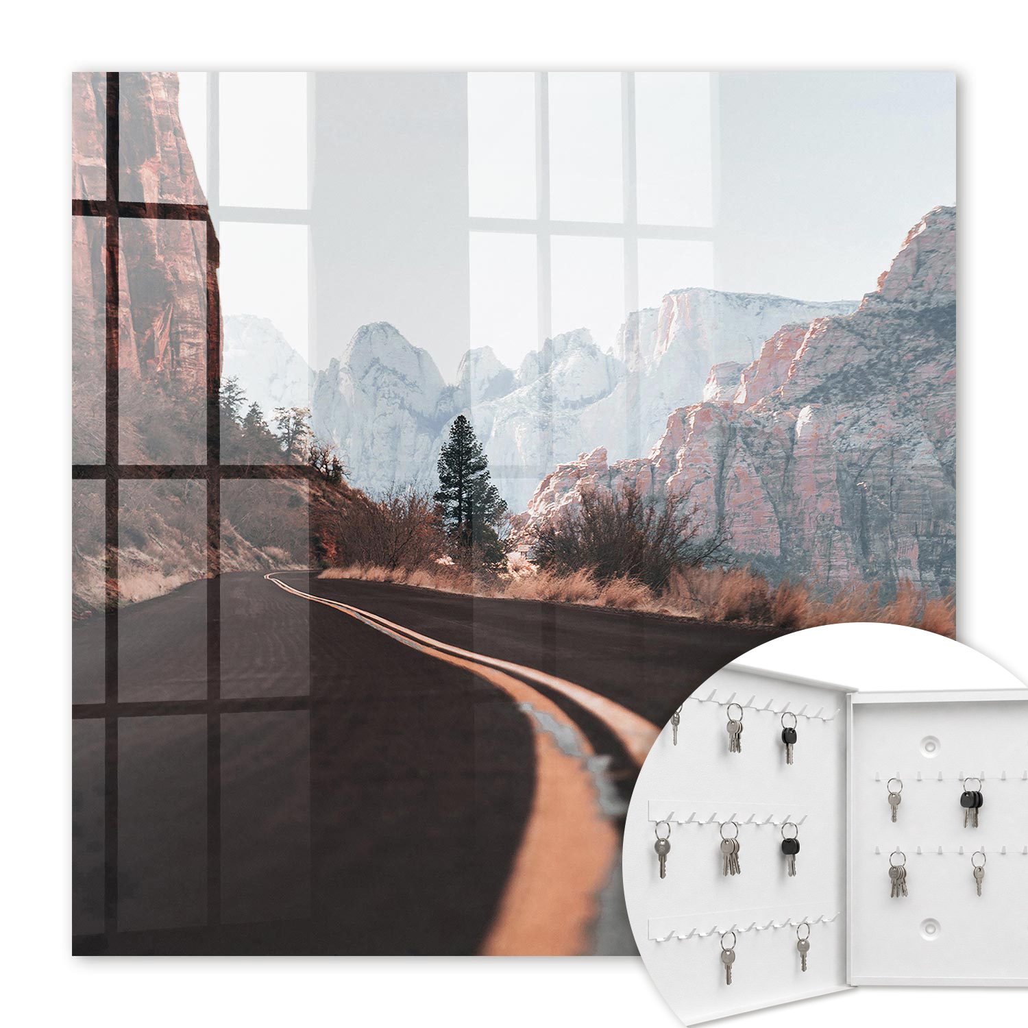 Armoire À Clés - (30 Cm X 30 Cm) - Boîte À Clés Murale - Coffret De Rangement Pour Clés - Couleur Blanche - Ouverture Vers La Gauche - Pour Maison Et Bureau - Route Dans Les Montagnes
