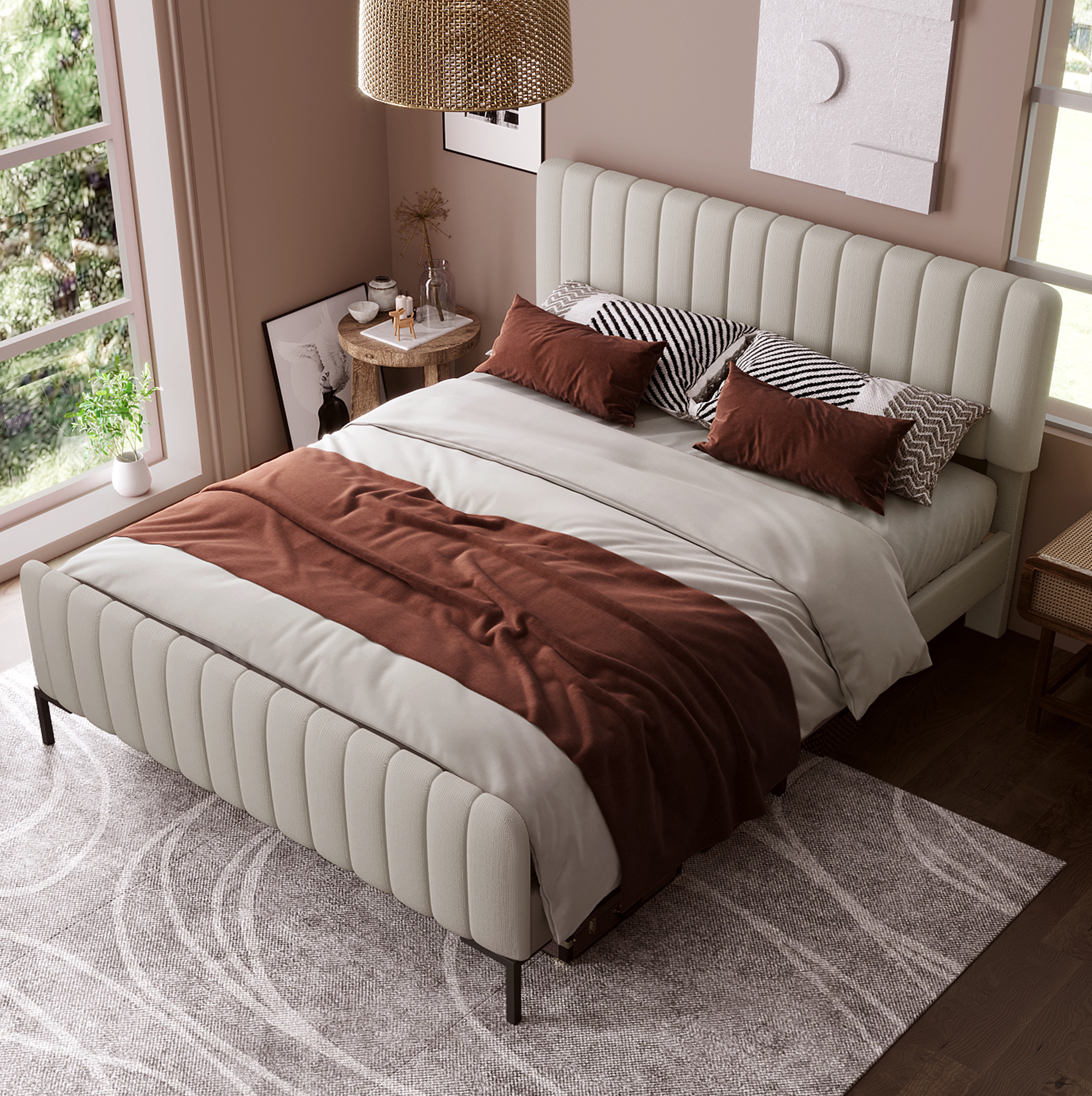 Lit Double 180 X 200 Cm Avec Sommier, Tête De Lit Réglable, Lin Gris Beige, Redom