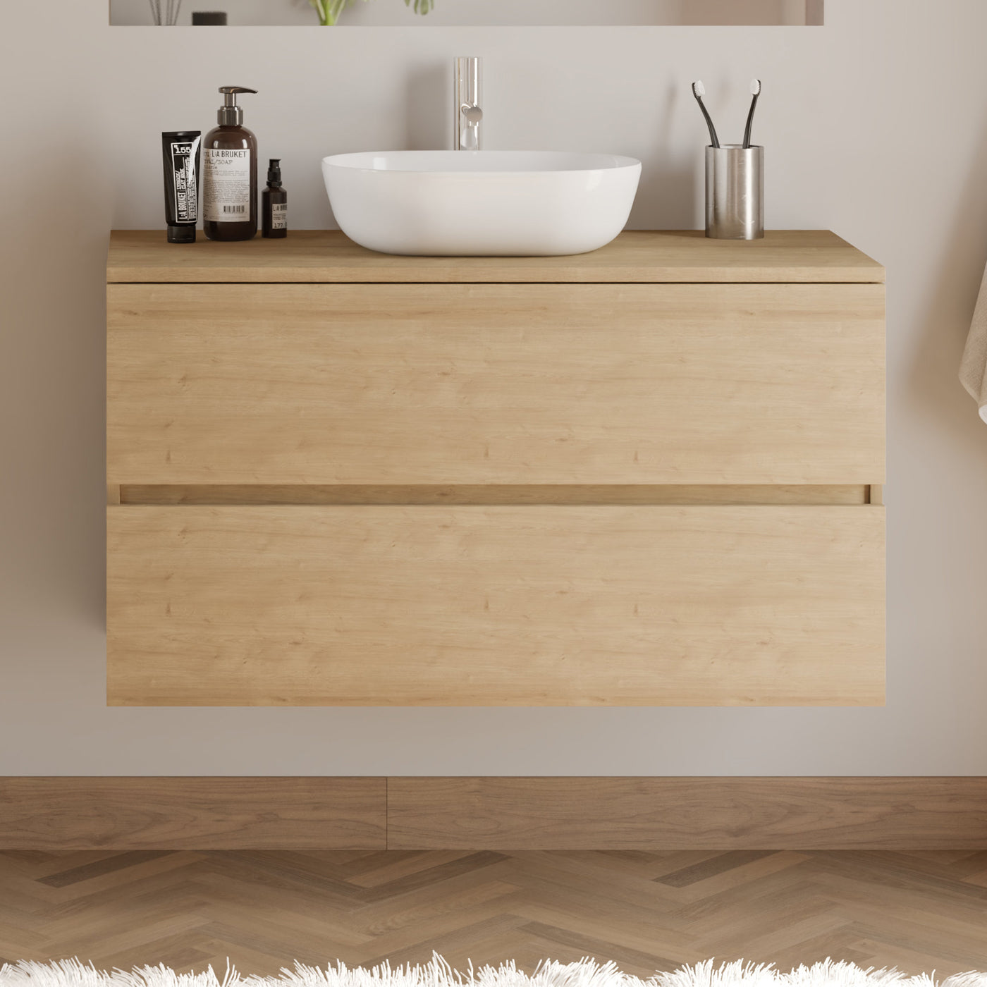 Meuble De Salle De Bain 100cm Avec Plateau Et Vasque À Poser Arrondie - 2 Tiroirs - Sans Miroir - Nebraska (chêne Clair) - Ida