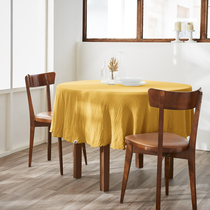 Nappe De Table "gaïa" Ronde 180 Cm "gaze De Coton" L'Effet Papillon - Gaia Safran -