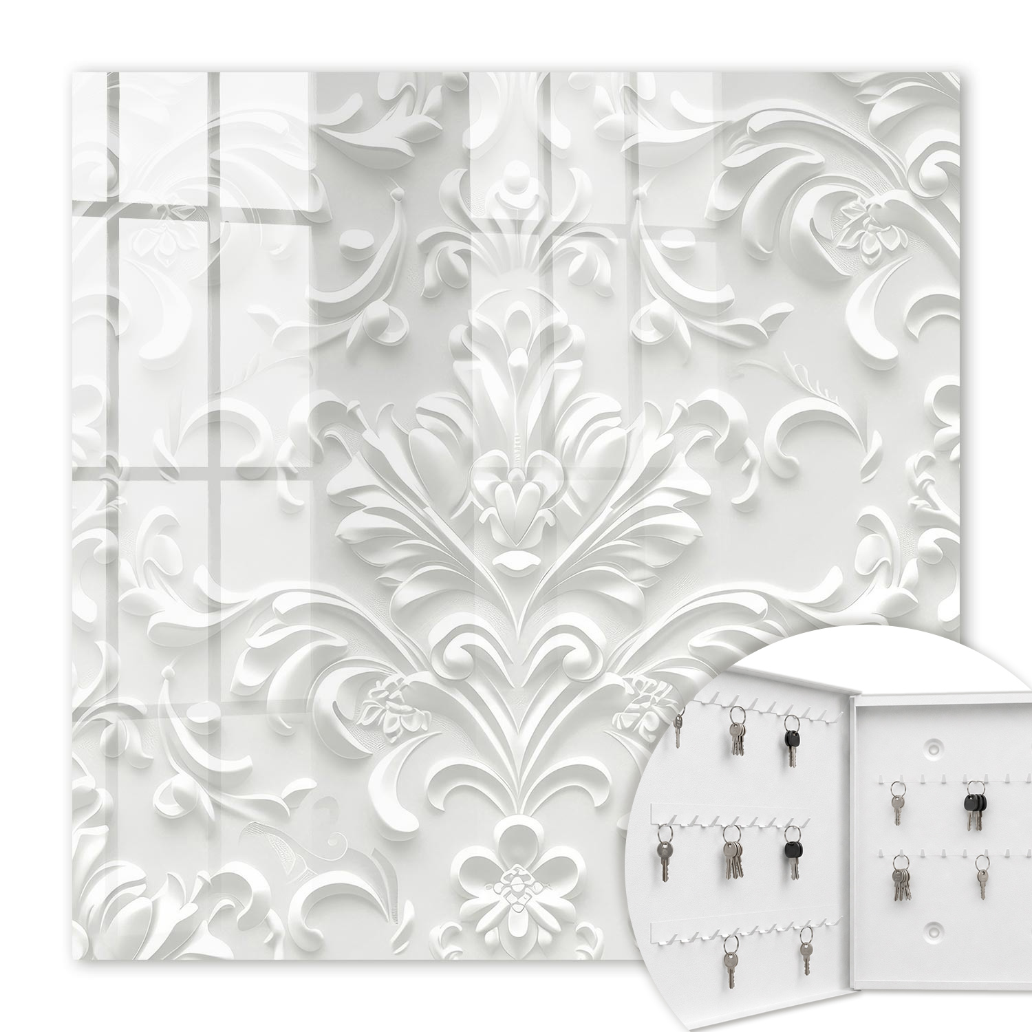 Armoire À Clés - (30 Cm X 30 Cm) - Boîte À Clés Murale - Coffret De Rangement Pour Clés - Couleur Blanche - Ouverture Vers La Gauche - Pour Maison Et Bureau - Riche Ornementation
