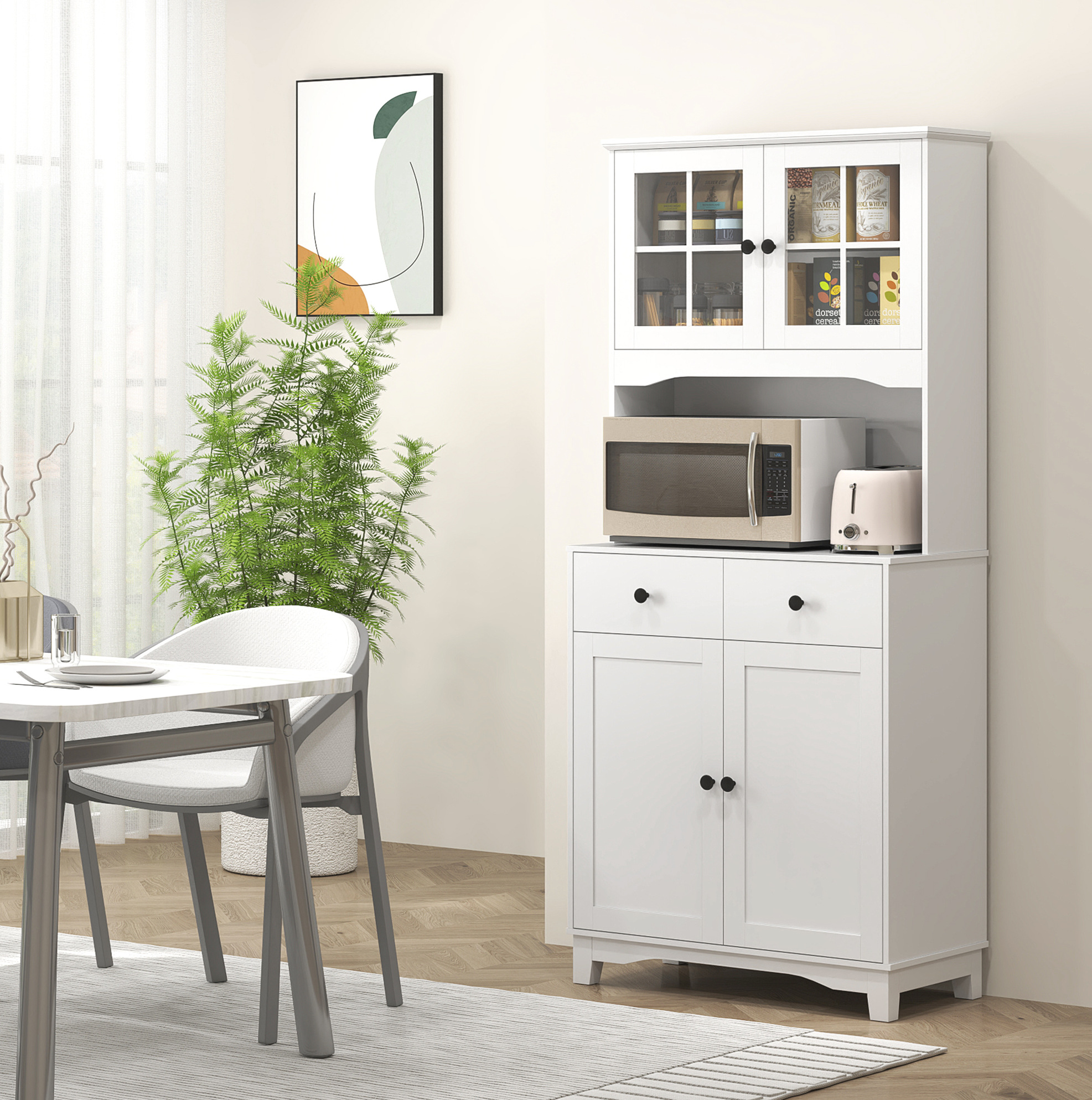 Haut De Cuisine Blanc Avec Niche Micro-ondes, 2 Portes, 2 Tiroirs, 74,5 X 40 X 172 Cm, Redom