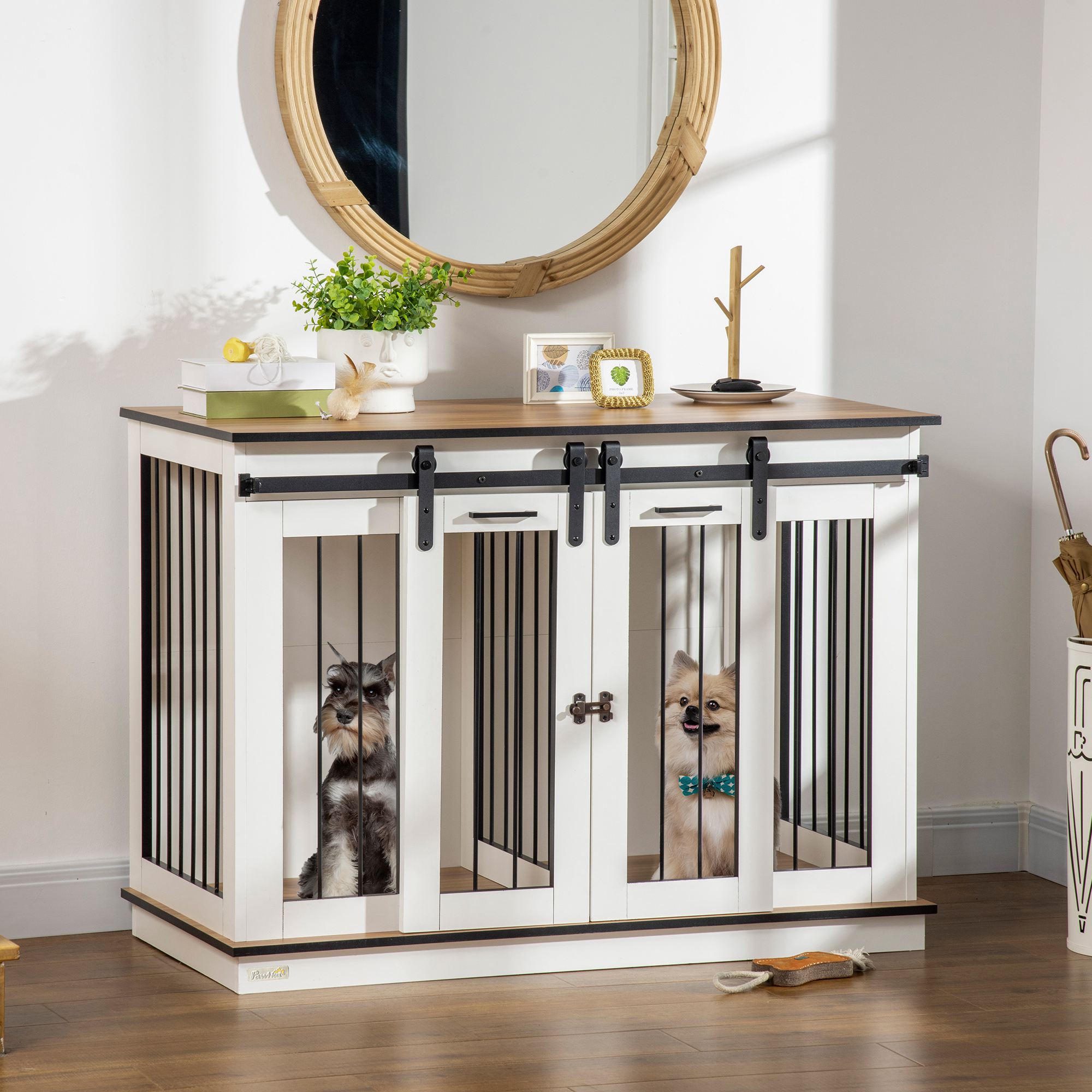 Cage Pour Chien En Bois Blanche 120 X 60 X 88,5 Cm Avec 2 Portes Et Séparation